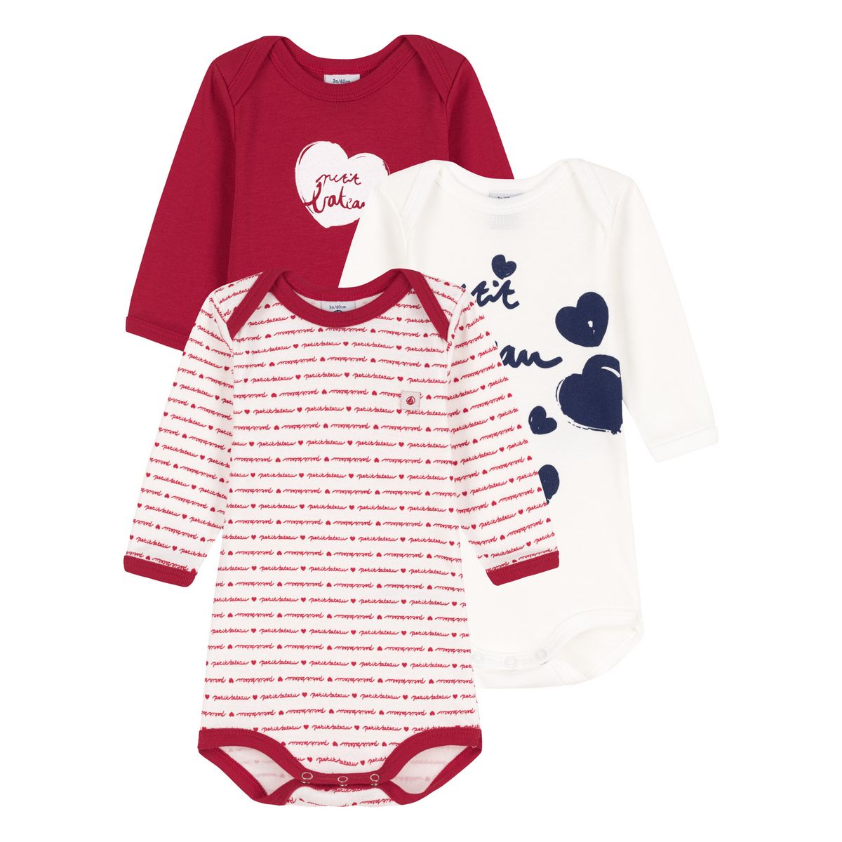 PETIT BATEAU Lot de 3 bodies manches longues coeurs bébé