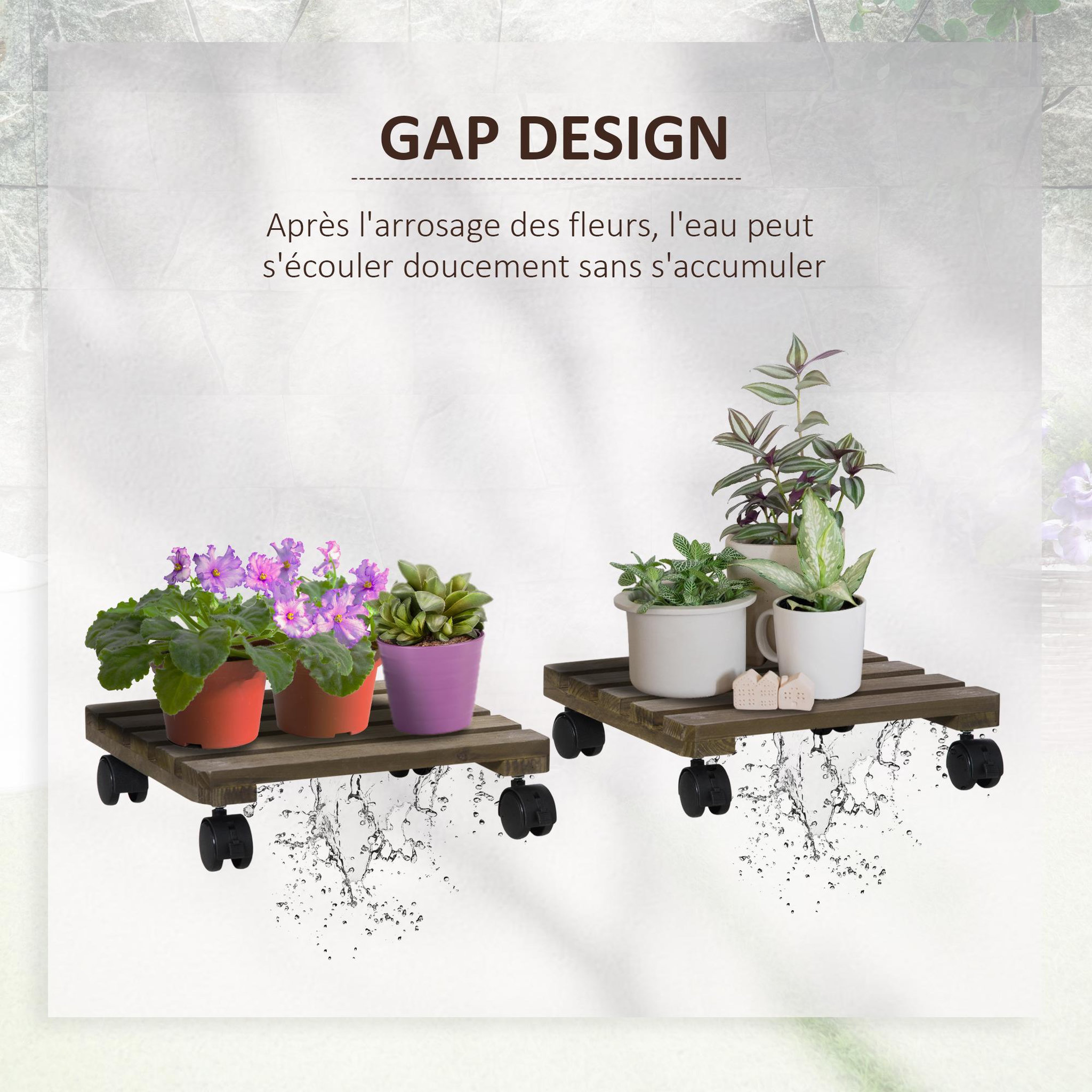 Voir la diapositive 6 : OUTSUNNY Porte plante à roulettes - support de pots de fleurs à roulettes - lot de 2 - bois sapin pré-huilé