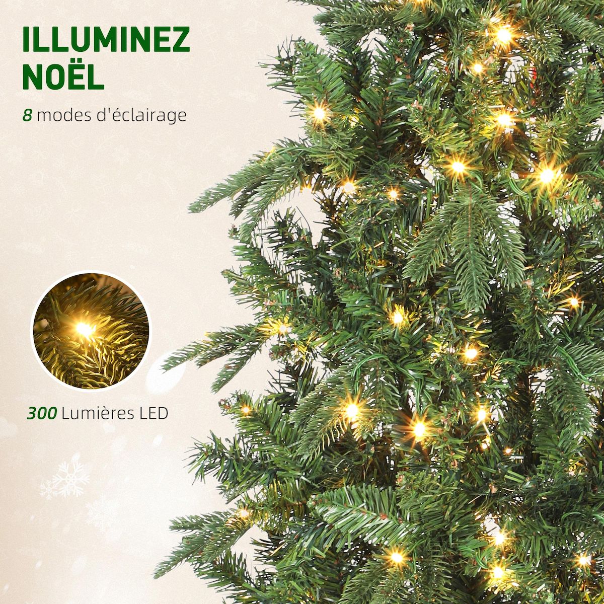 HOMCOM Sapin de Noël artificiel LED x 300 blanc chaud 8 modes H.210 cm 826 branches support vert