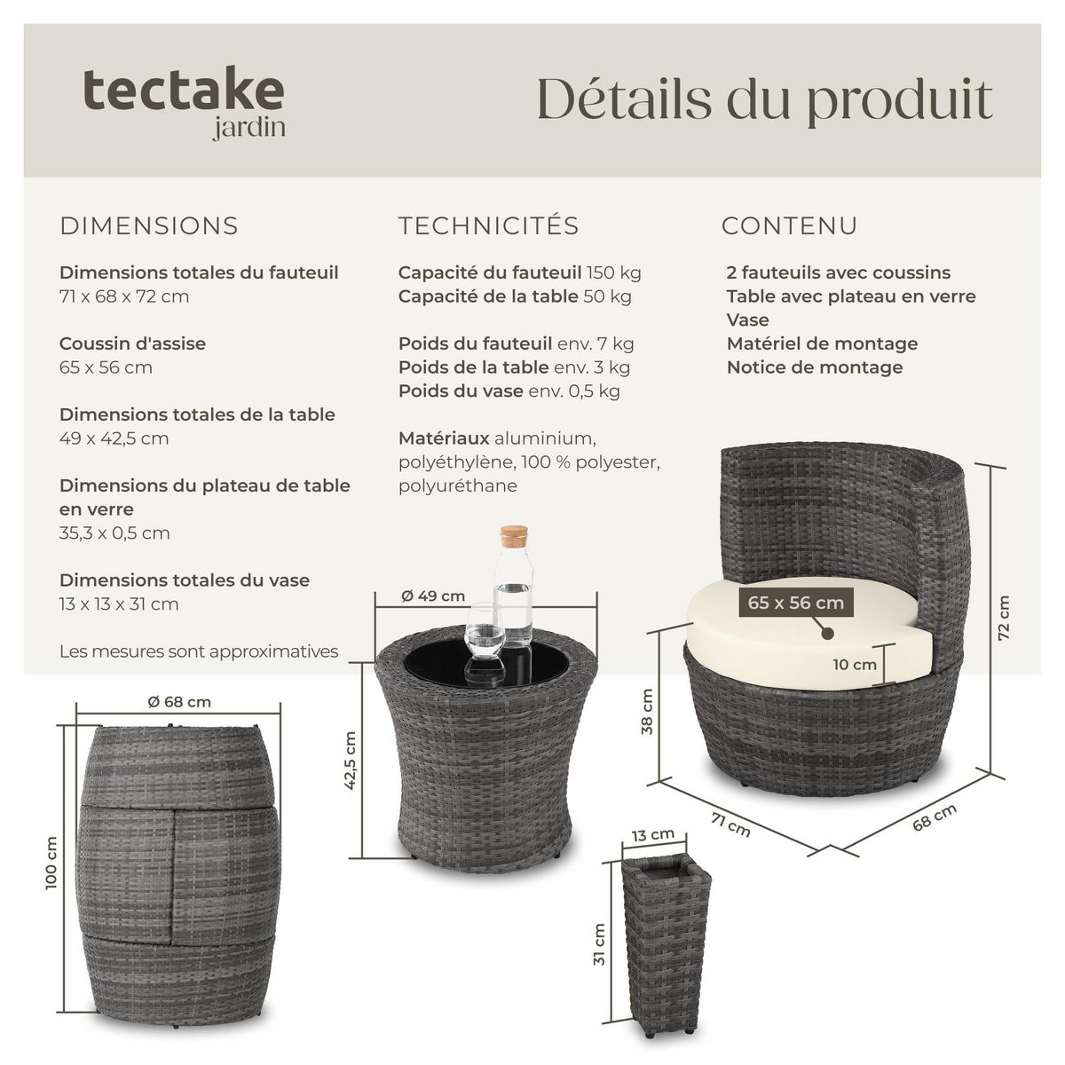 tectake Salon de jardin avec cadre en aluminium gris