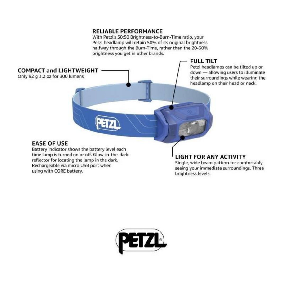 Petzl Lampe frontale - PETZL - TIKKINA - 300 lumens - 3 piles AAA/LR03 incluses - Bleu