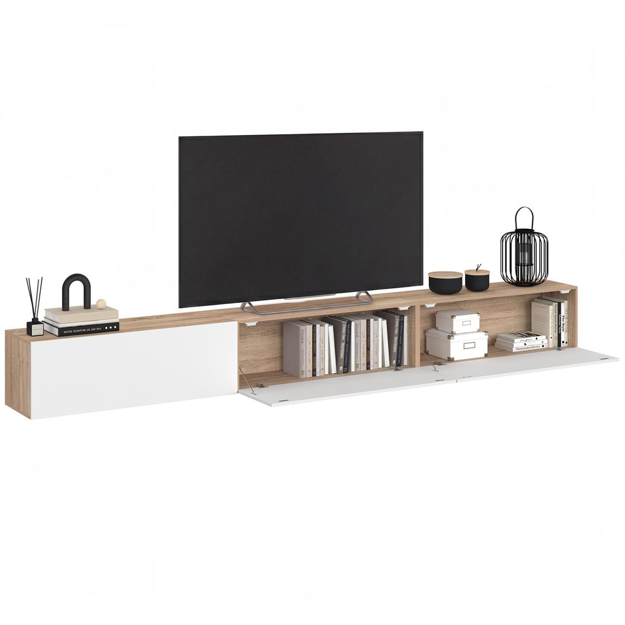 Voir la diapositive 4 : ID MARKET Meuble tv 270 cm suspendu elio 3 portes bois et blanc