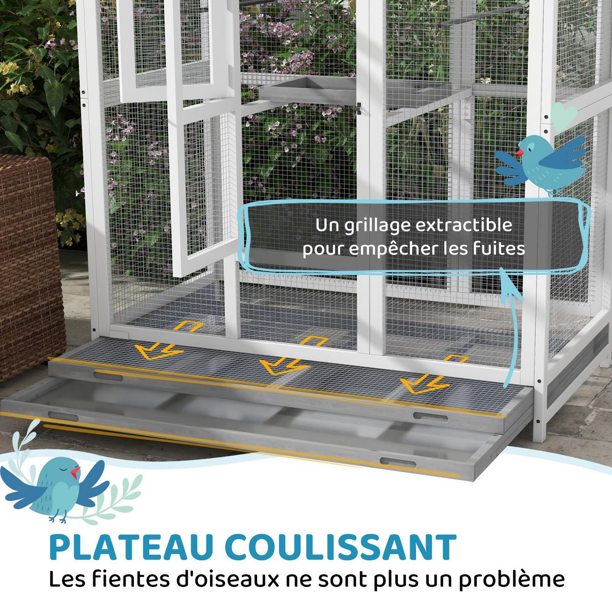 PAWHUT Cage oiseau grande taille - volière à oiseaux dim. 112 x 68 x 154 cm - nombreux accessoires - métal bois blanc gris noir