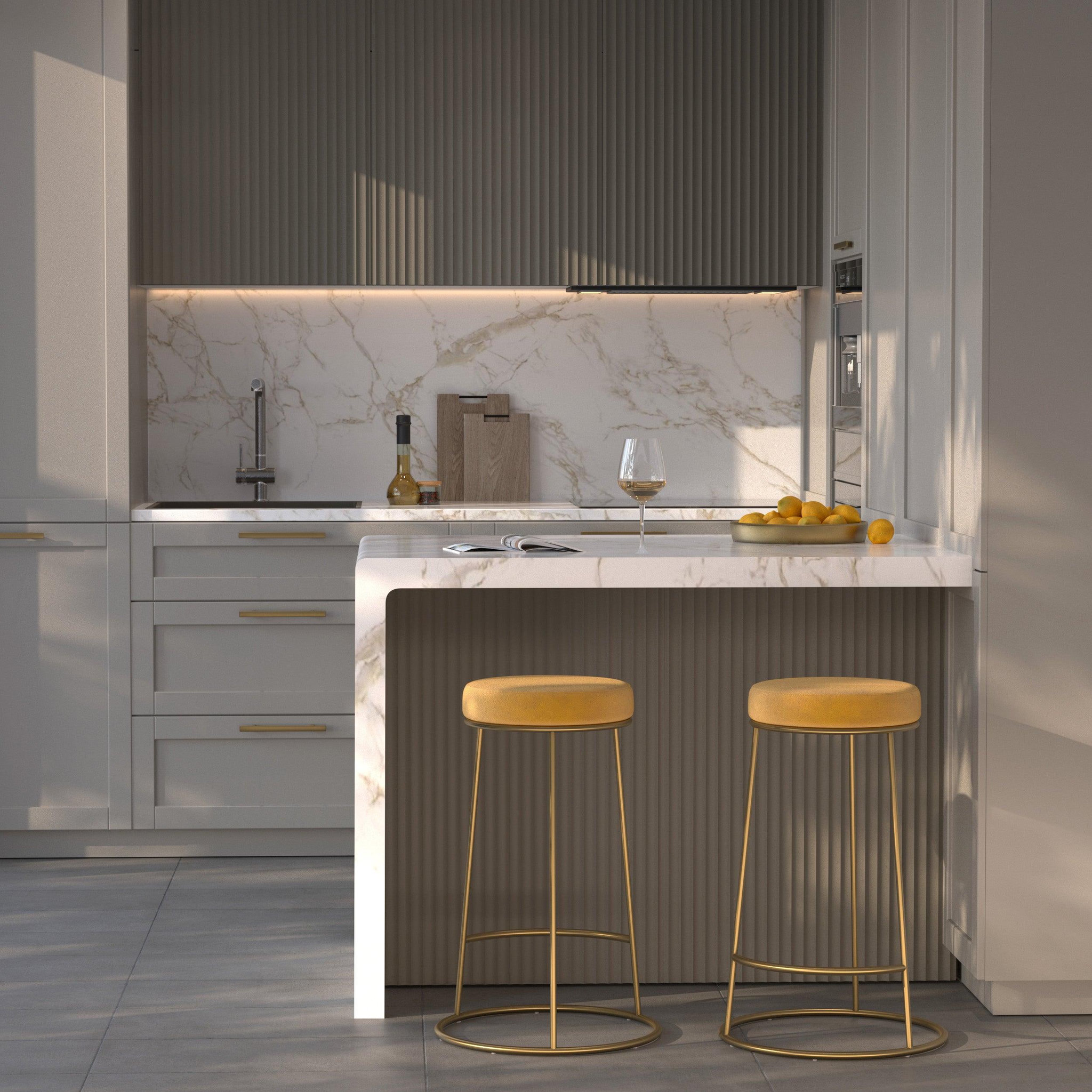 Voir la diapositive 6 : MAISON PAVANE Lot de 2 tabourets pour îlot central 63 cm en velours jaune curry-kendal