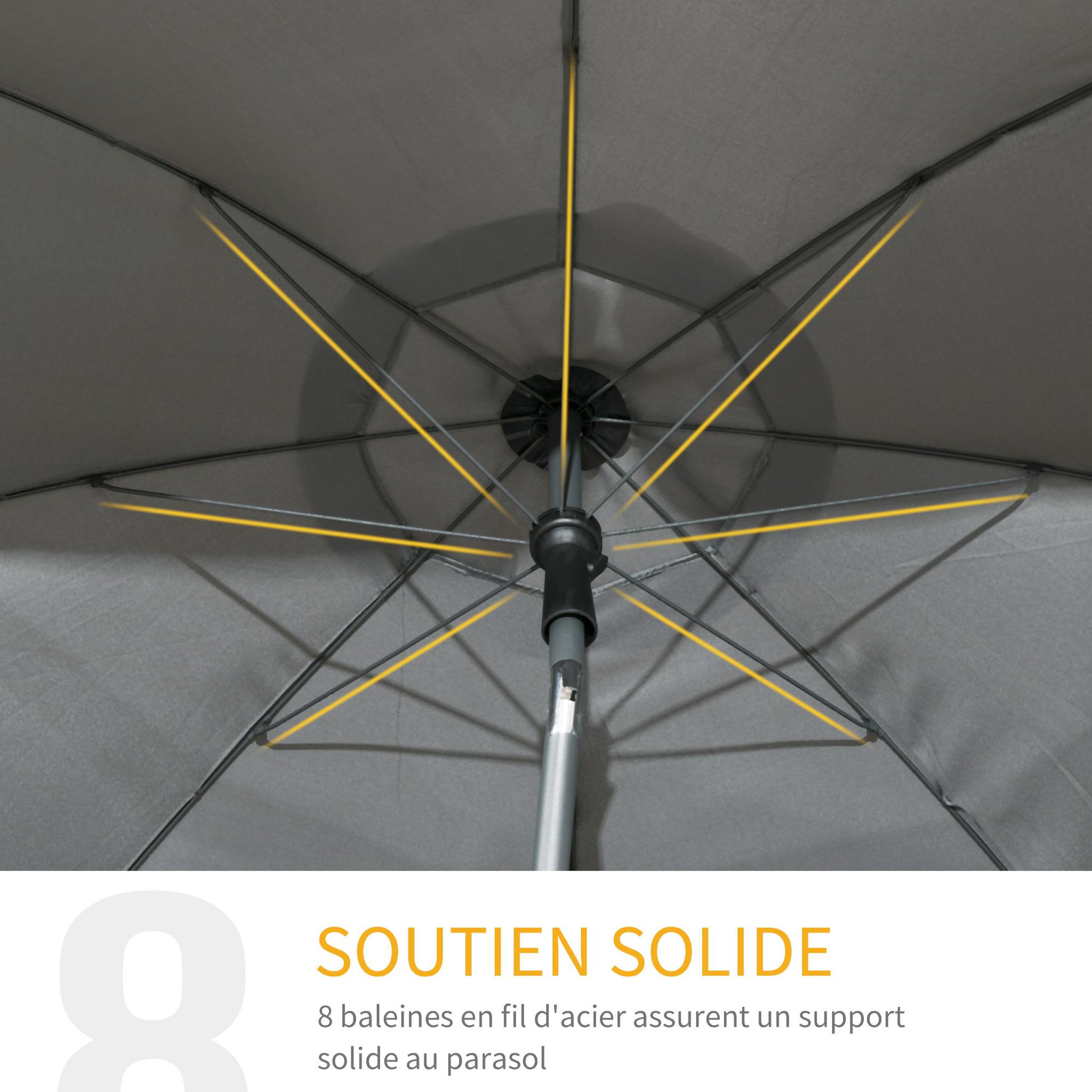 Voir la diapositive 4 : OUTSUNNY Parasol inclinable octogonal  Ø 1,8 x 2,09H m acier époxy polyester 160 g/m² anti-UV50+ gris