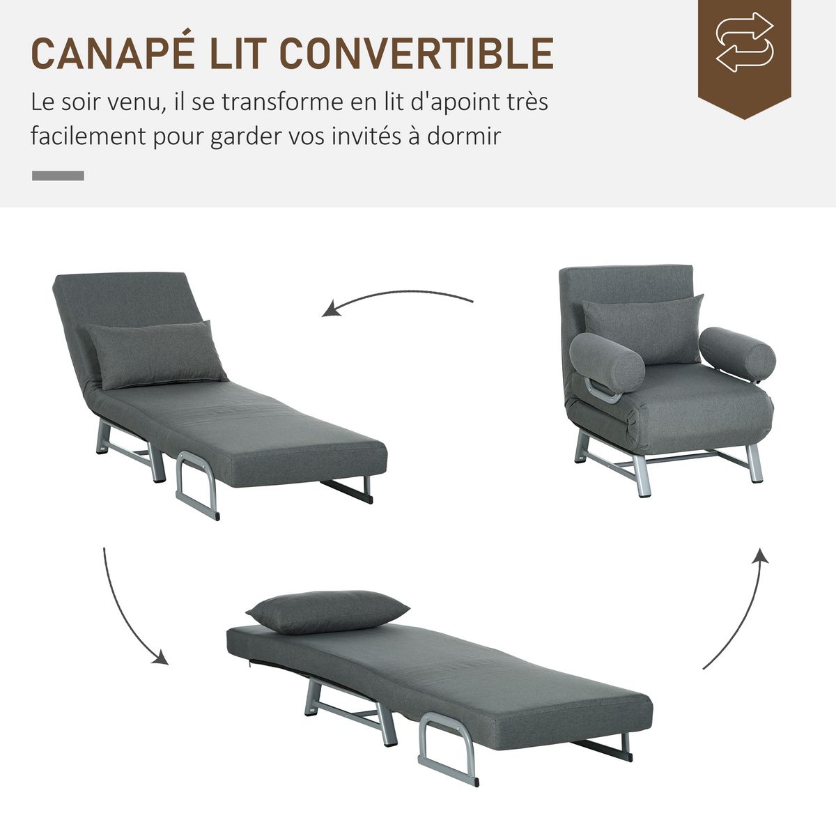 HOMCOM Fauteuil chauffeuse canapé-lit convertible inclinable 1 place grand confort coussin lombaires accoudoirs piètement métal lin gris foncé