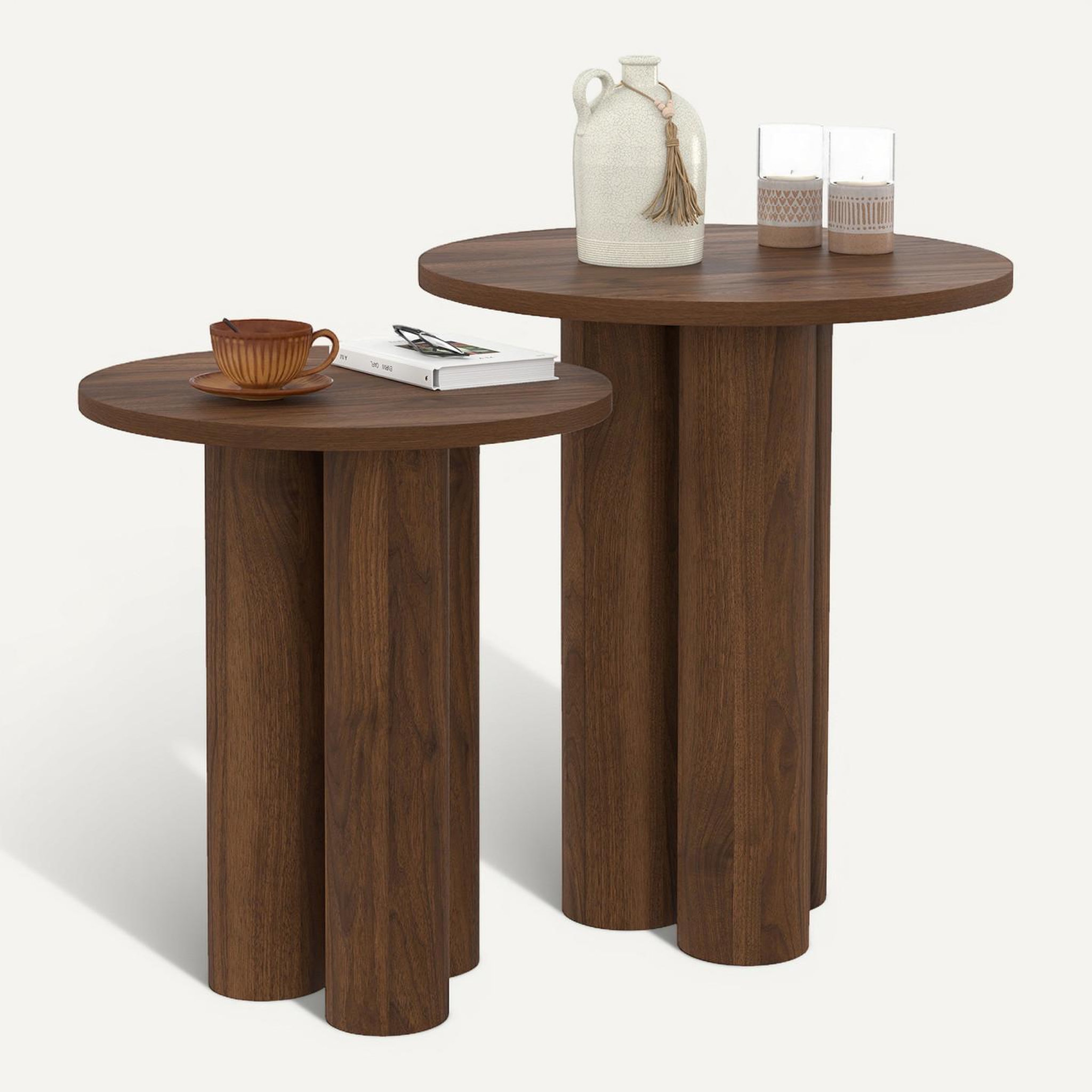 Voir la diapositive 6 : ID MARKET Lot de 2 tables d'appoint rondes, bouts de canapé, tables de chevet eloise 35/40 cm bois effet noyer