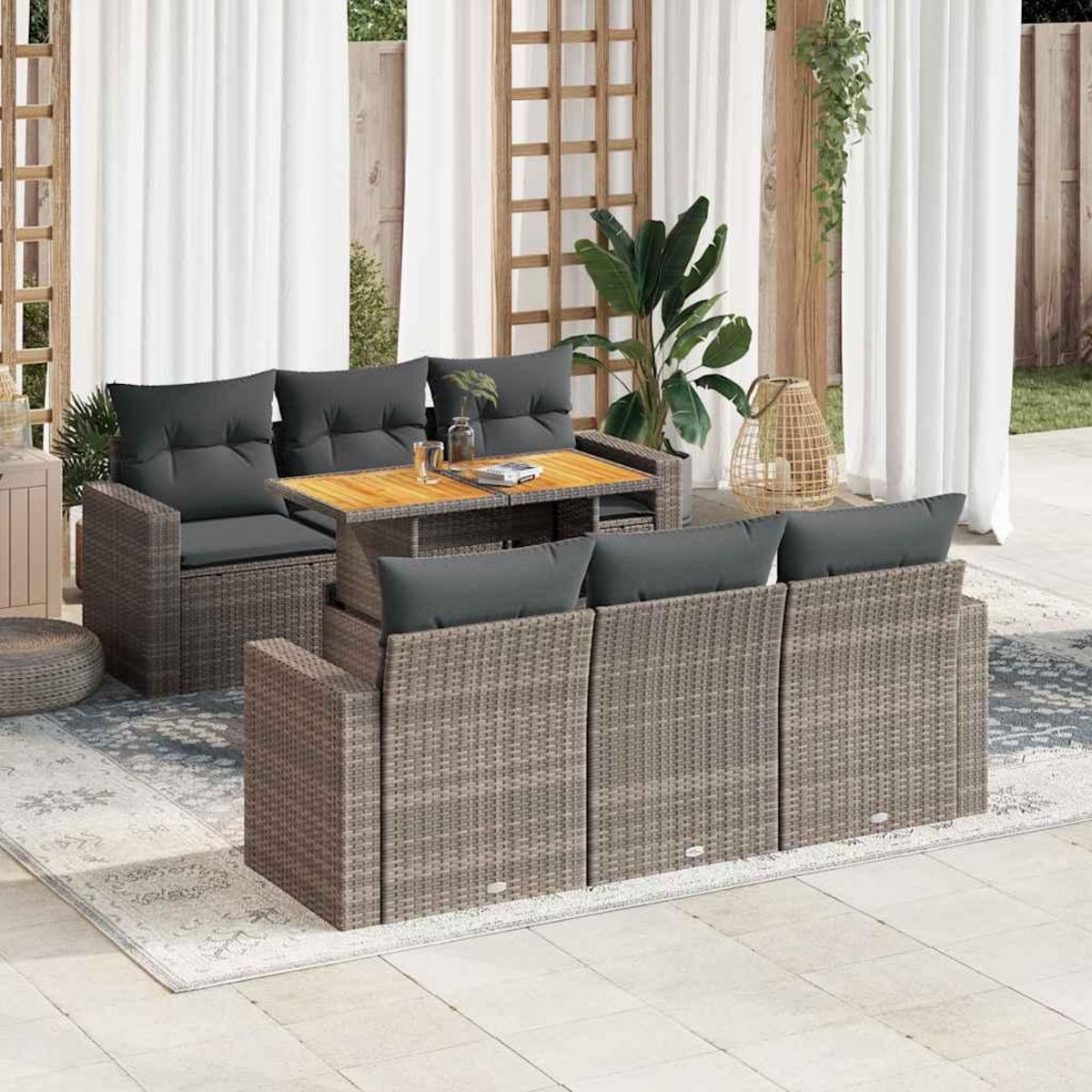 VIDAXL Salon de jardin avec coussins 7 pcs gris resine tressee