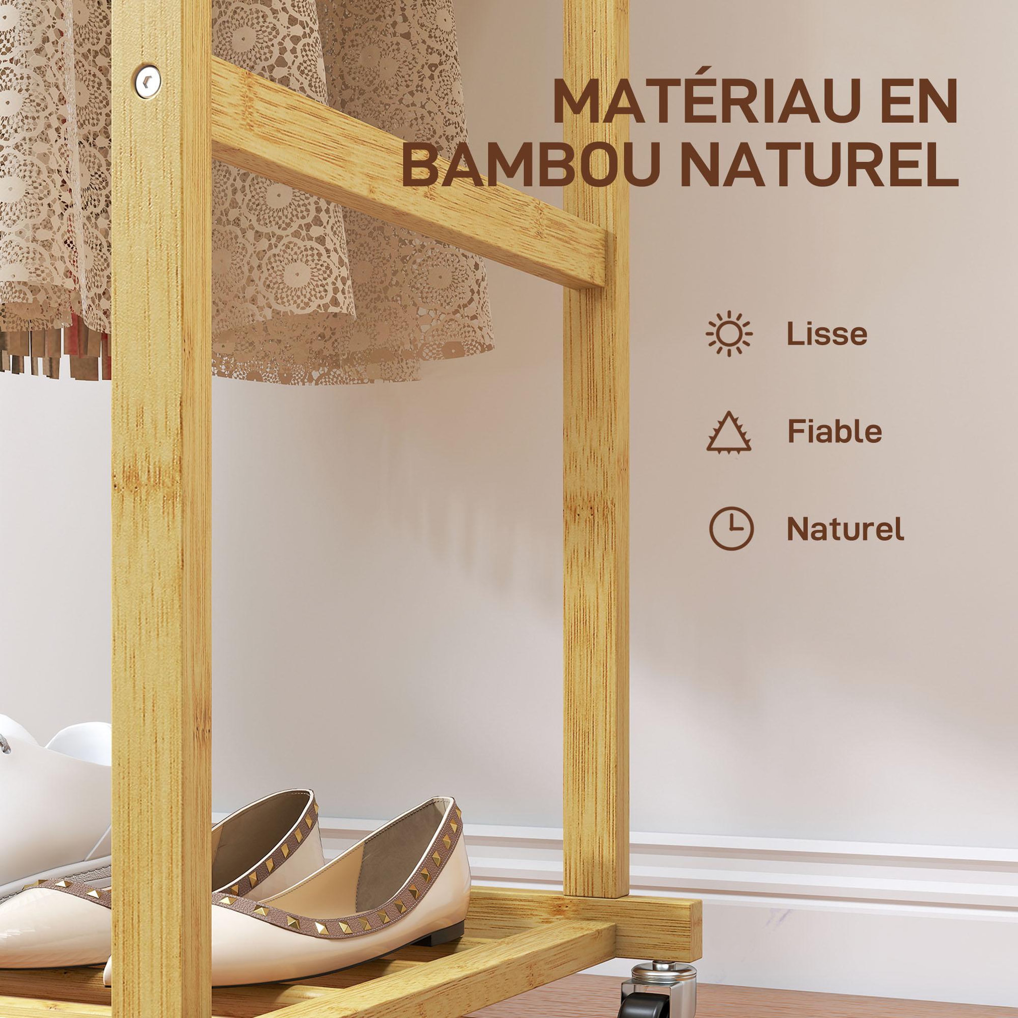 Voir la diapositive 4 : HOMCOM Portant bois bambou naturel verni - penderie mobile double barre et étagère - 80 x 40 x 160 cm