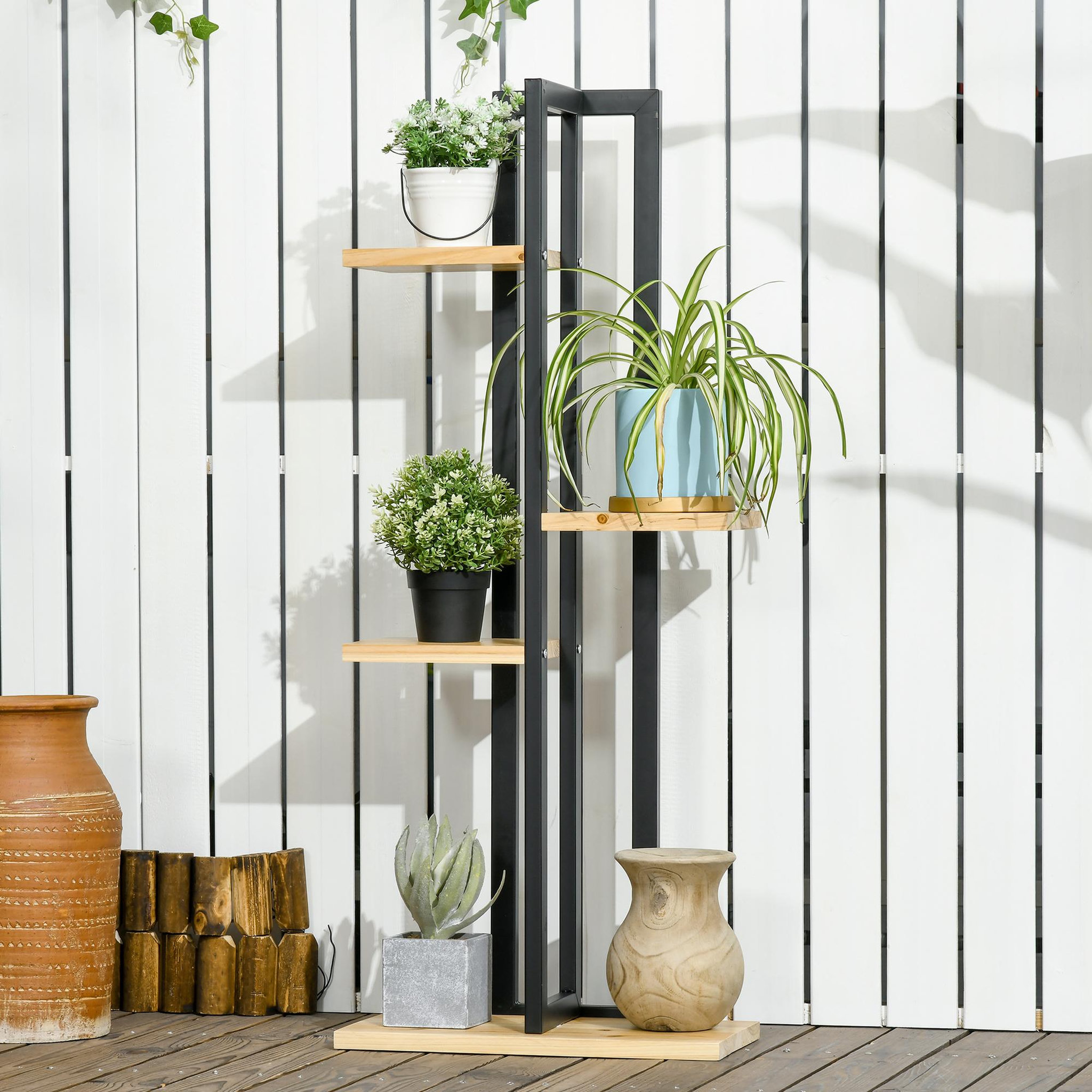 Voir la diapositive 2 : OUTSUNNY Support à fleurs style industriel 4 niveaux - porte plante 4 étagères - métal époxy noir bois sapin
