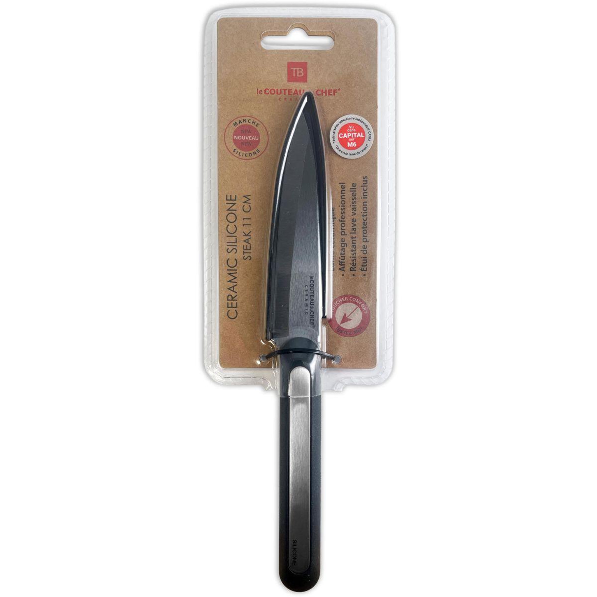 Voir la diapositive 2 : LE COUTEAU DU CHEF Couteau à steak silicone manche - lame noir Blister Pegb