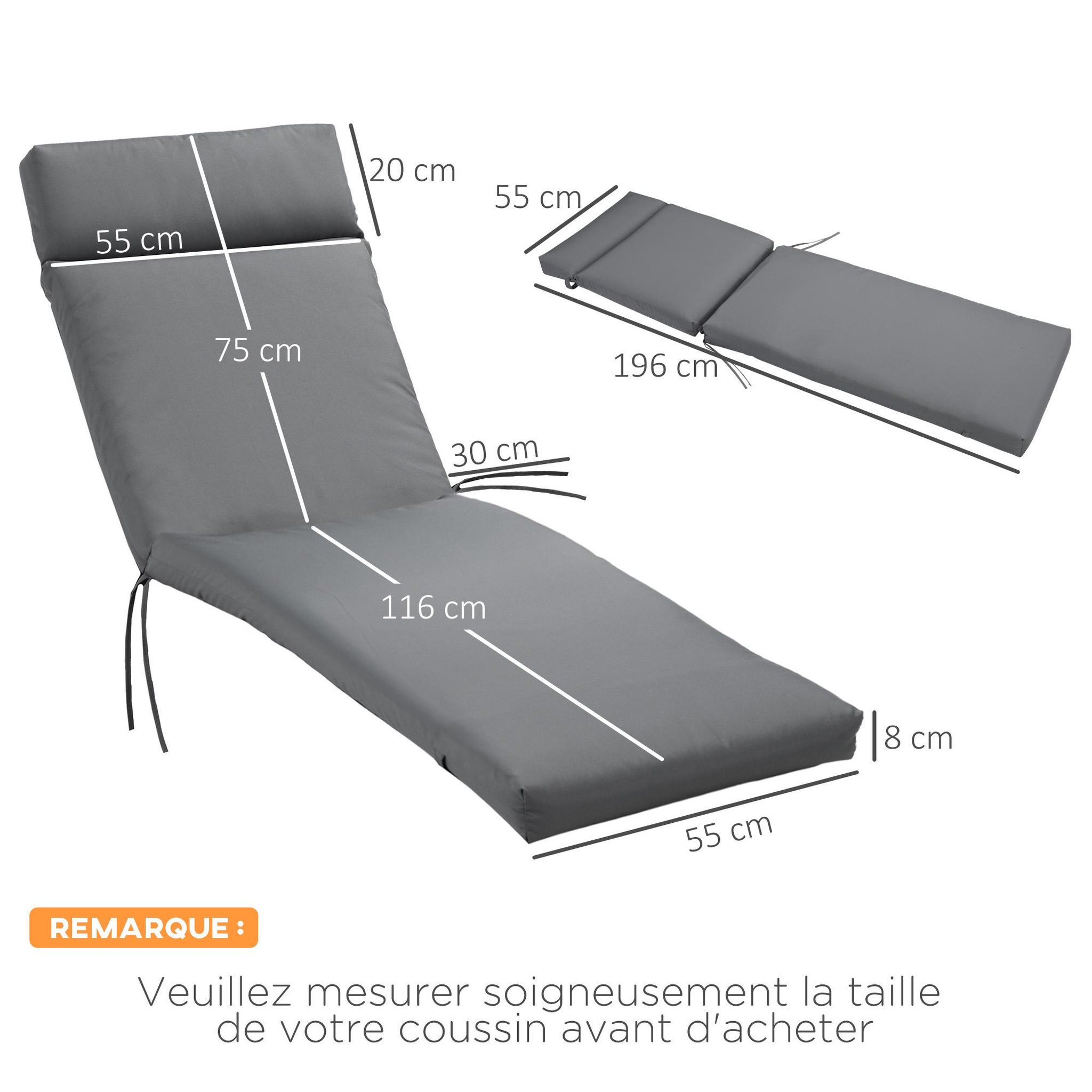 Voir la diapositive 3 : OUTSUNNY Matelas bain de soleil - matelas de transat - coussin de chaise longue - tissu gris foncé
