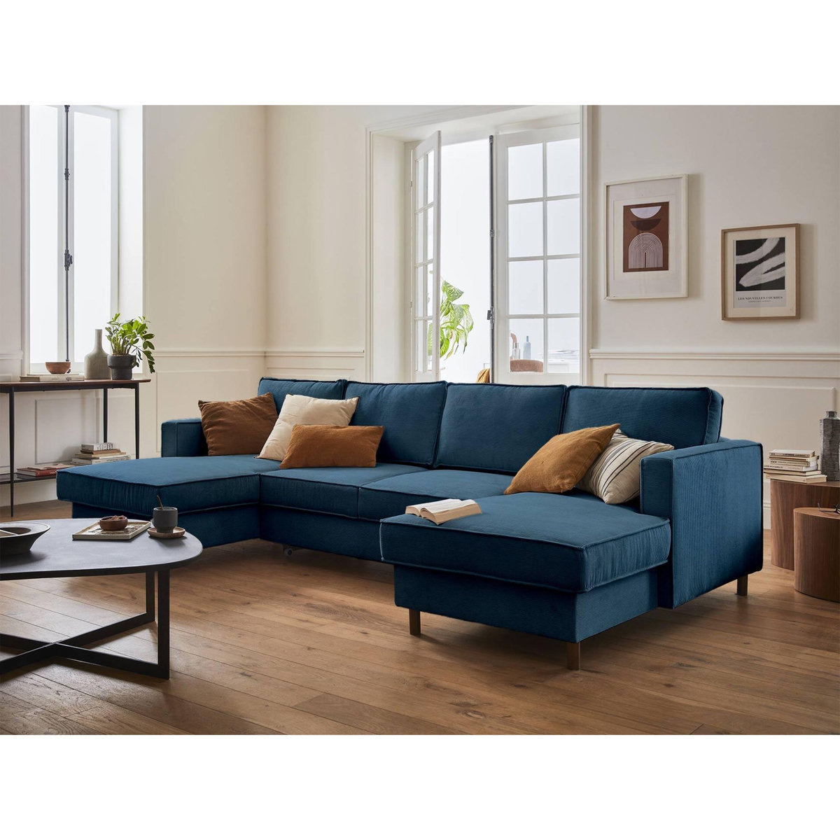 LISA DESIGN Jake - canapé panoramique en u - 7 places - convertible avec coffre - en velours côtelé