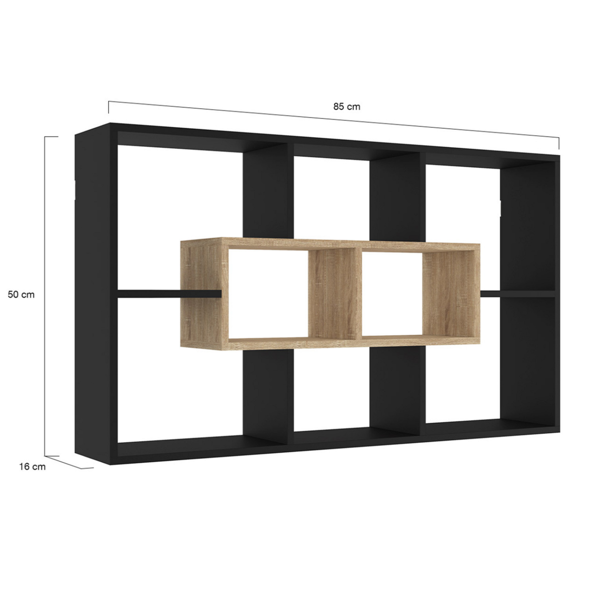 ID MARKET Etagère murale COLETTE avec 8 compartiments noir et effet bois
