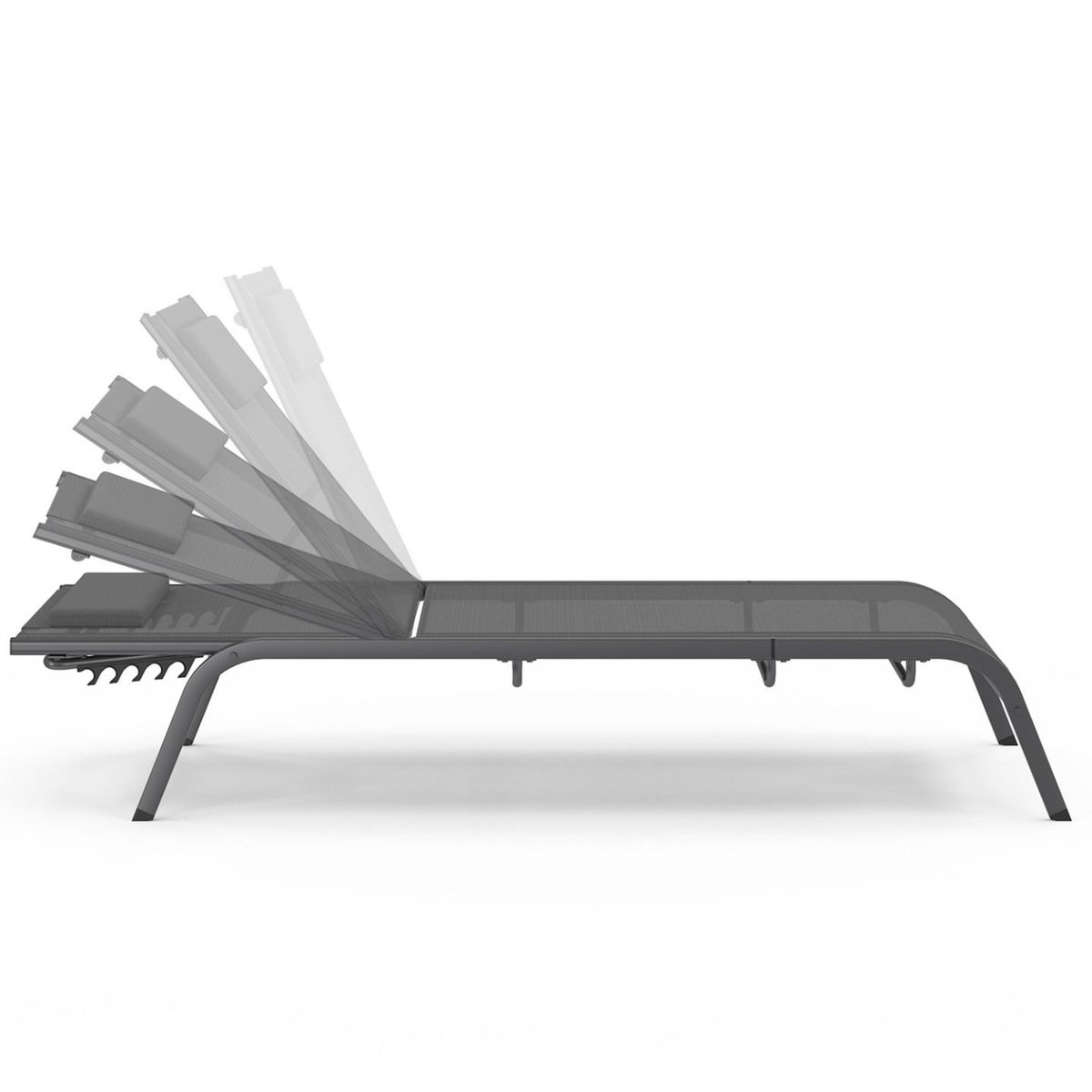 ID MARKET Lot de 2 transats de jardin inclinables BORA avec table d'appoint modulable en acier gris anthracite et toile grise