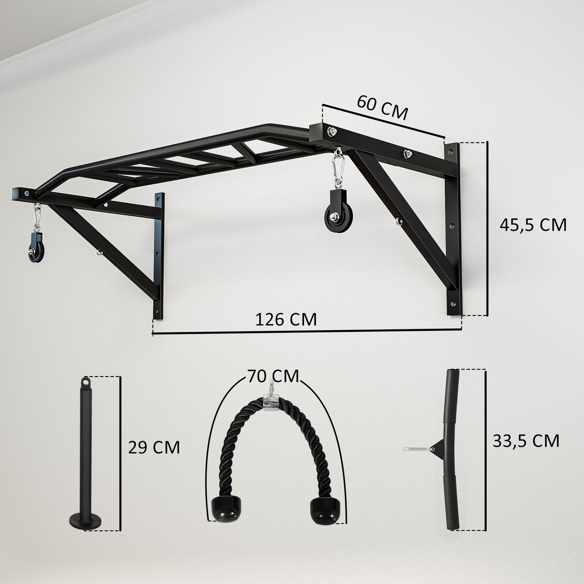 Voir la diapositive 3 : HOMCOM Barre de traction murale multi-prise avec accessoires et kit complet installation max. 200 kg acier noir