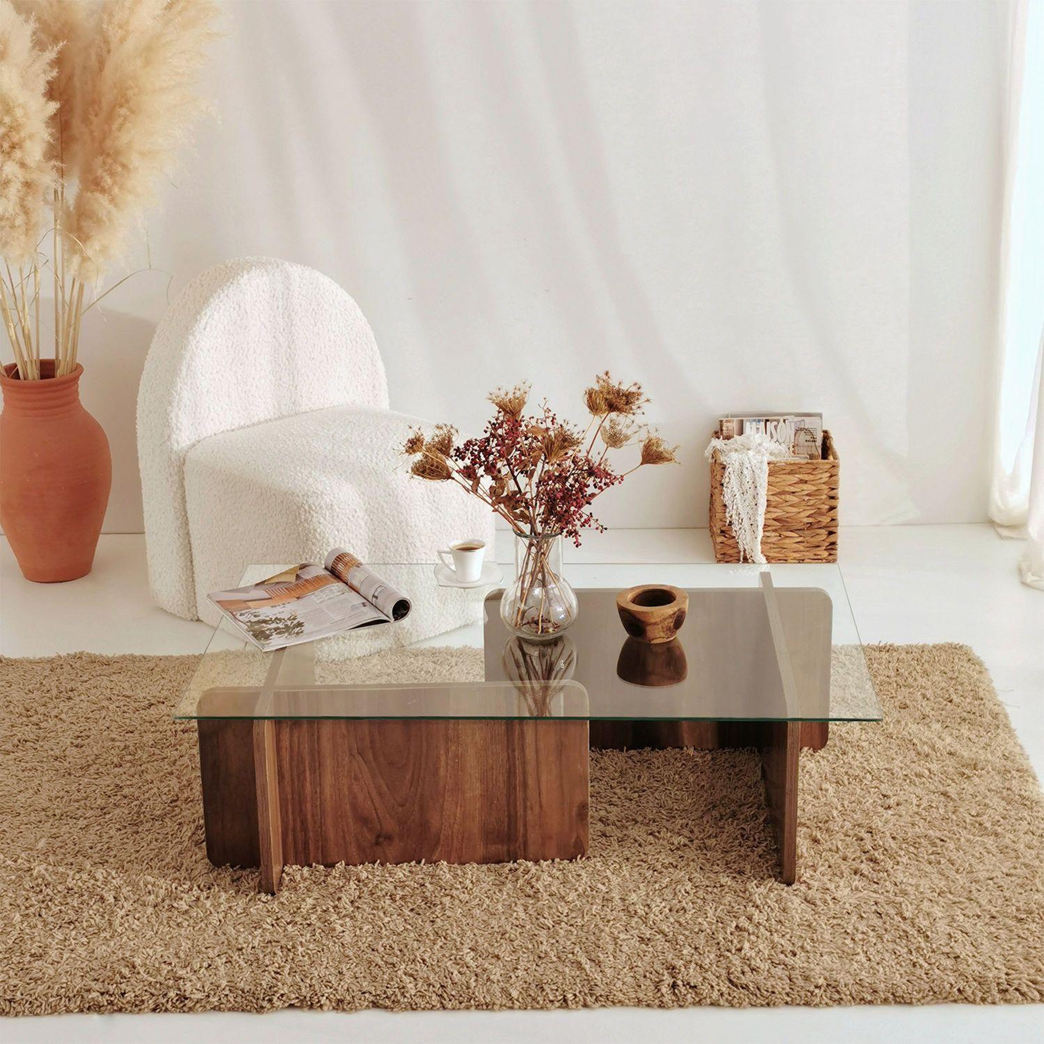 Voir la diapositive 5 : TOILINUX Table basse rectangulaire en panneaux de particules et verre long.105cm x larg.65cm - marron foncé