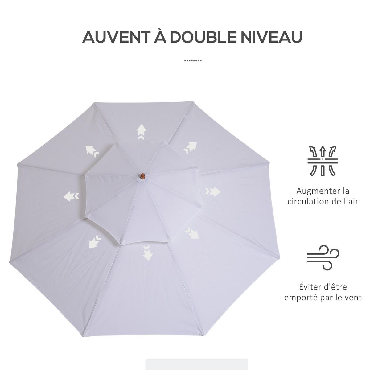 OUTSUNNY Parasol en bois peuplier droit 2 toits polyester 180 g/m² dia. 2,65 x 2,64H m blanc