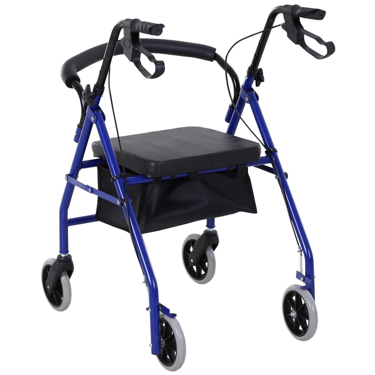 HOMCOM Déambulateur 4 roues - déambulateur pliable léger - assise + dossier rembourré  - poignées ergonomiques, freins à main - panier rangement - métal bleu