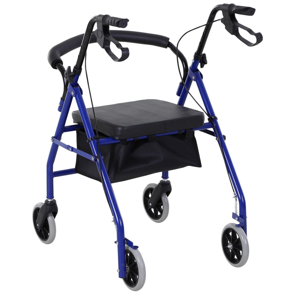 HOMCOM Déambulateur 4 roues - déambulateur pliable léger - assise + dossier rembourré  - poignées ergonomiques, freins à main - panier rangement - métal bleu