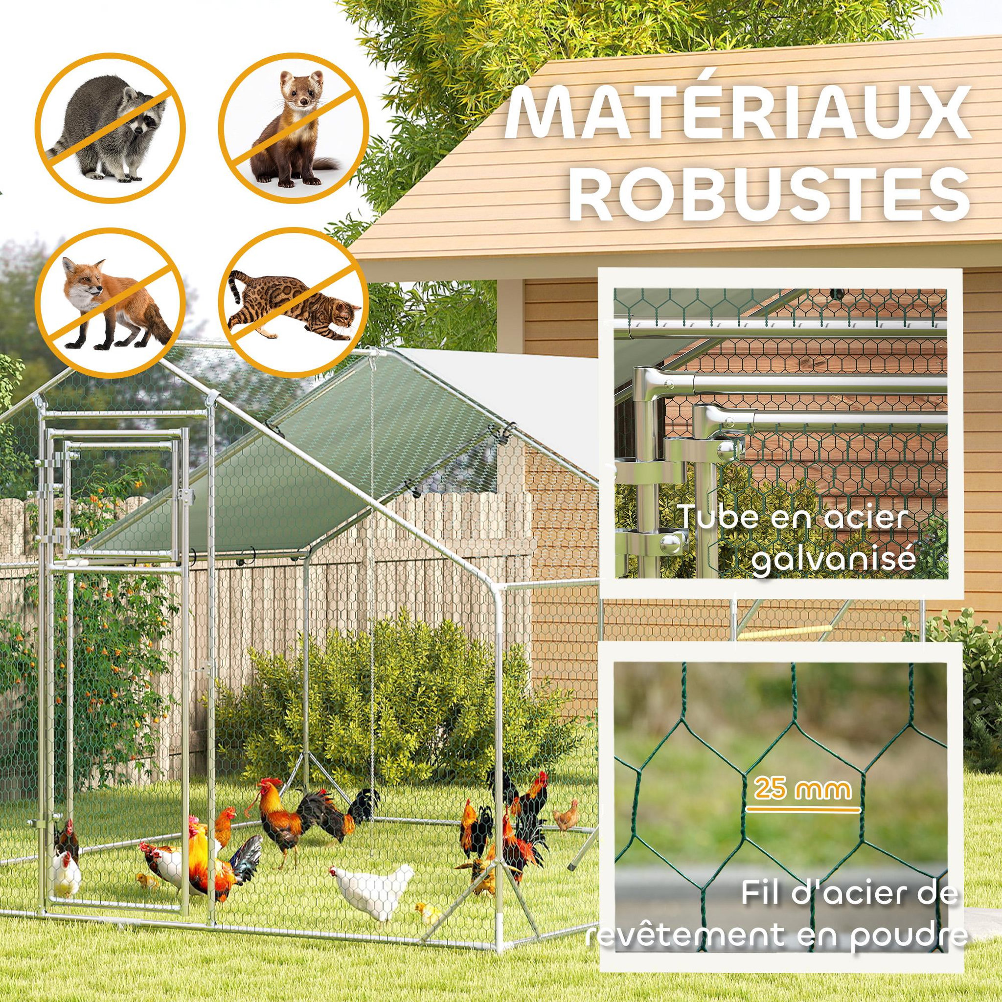 Voir la diapositive 6 : PAWHUT Enclos poulailler 12 m² espace couvert - perchoir, mangeoire à suspendre, porte, bâche - 4 x 3 x 1,95 m - acier gris