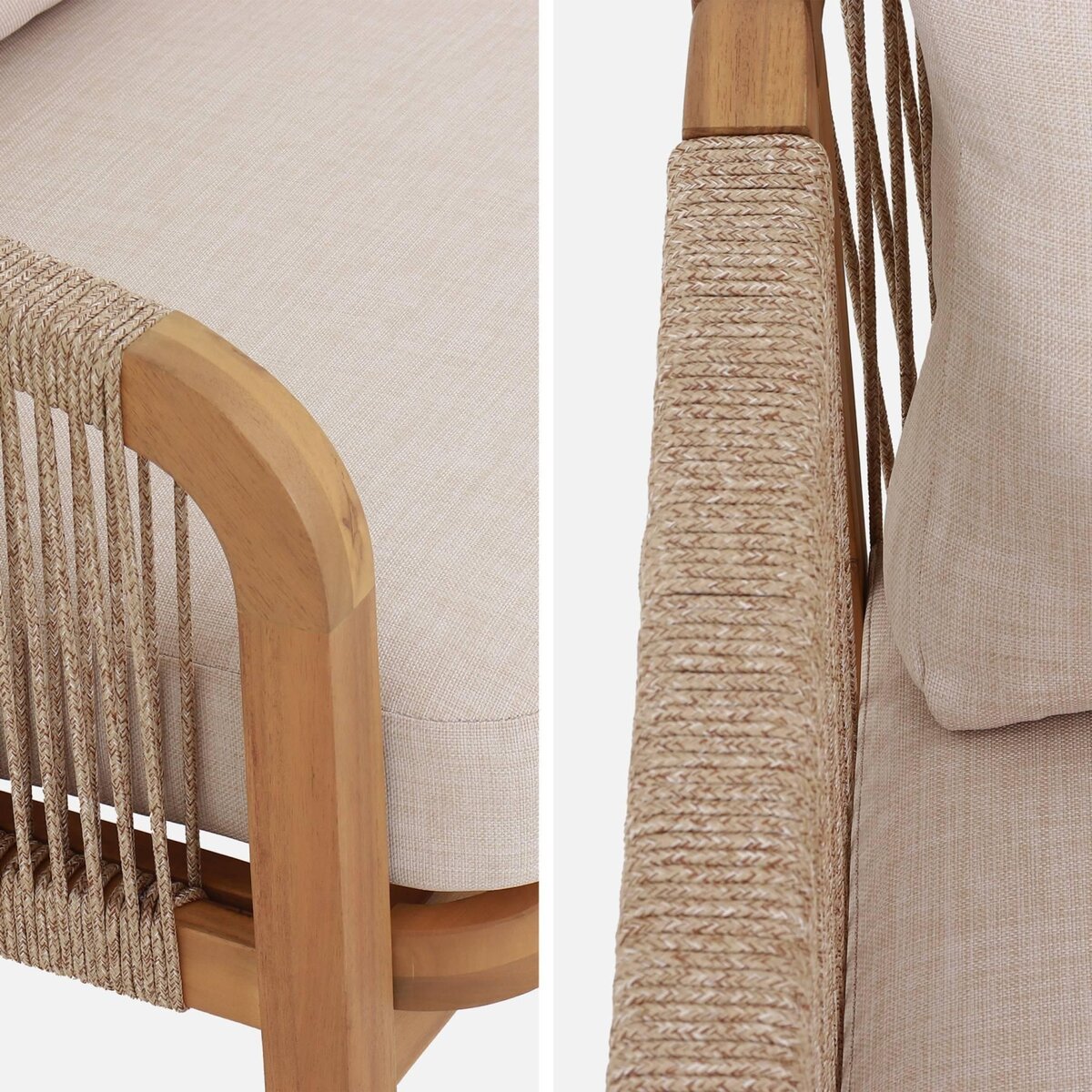 SWEEEK Canapé extérieur 3 places bois d'acacia  et cordes avec coussins en tissu beige - Parana
