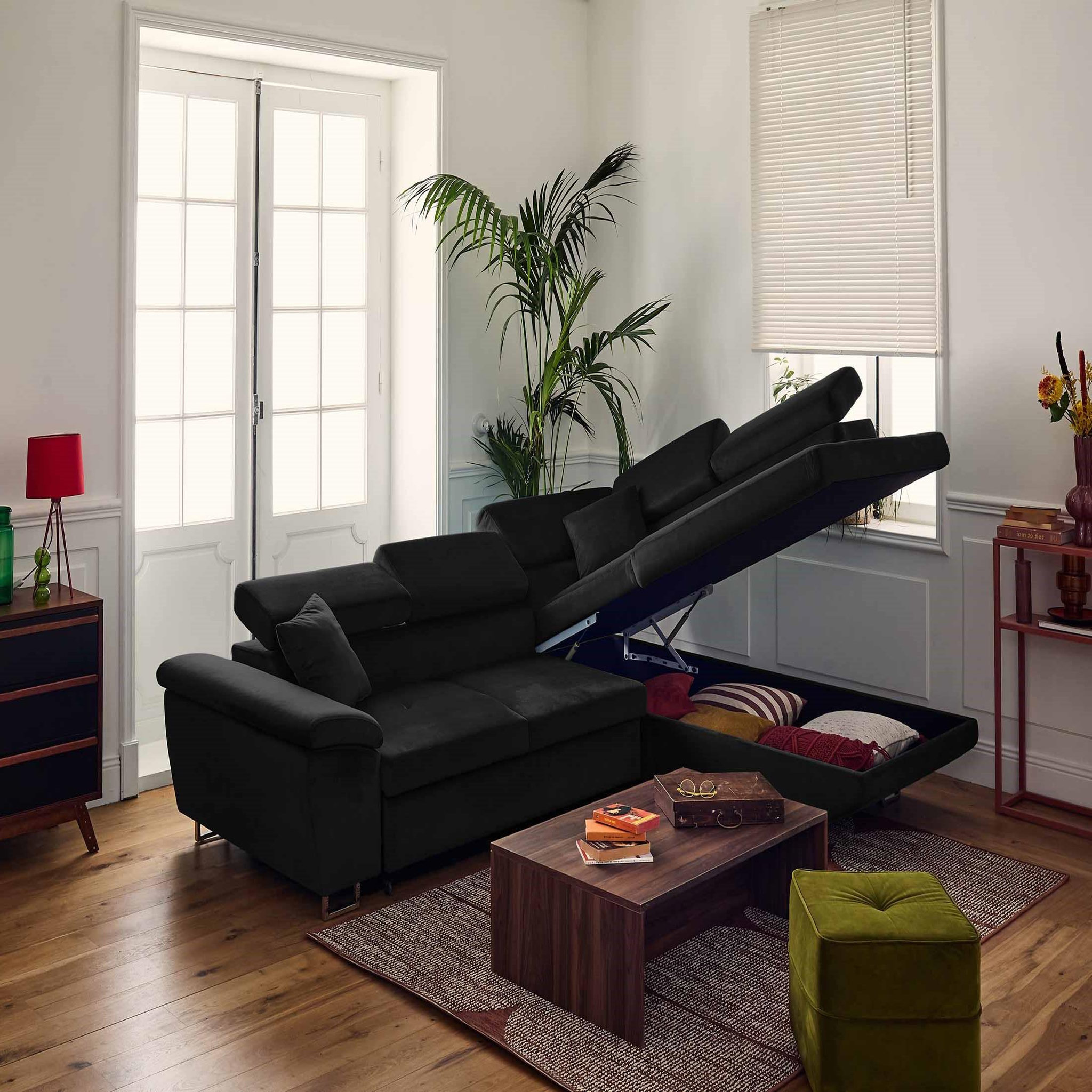 Voir la diapositive 2 : BEST MOBILIER Dimas - canapé d'angle droit 5 places - convertible avec coffre et têtières réglables - en velours