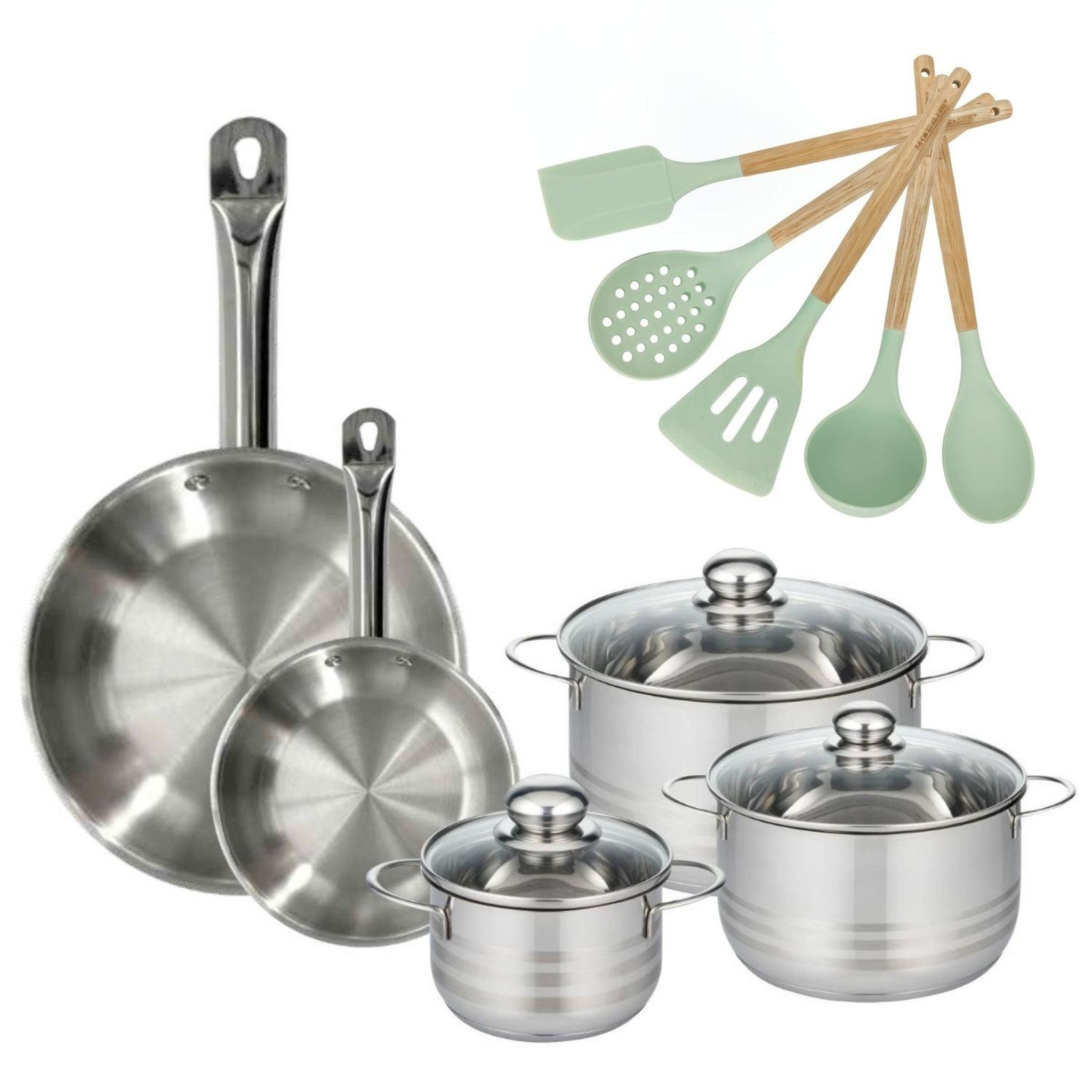 Fackelmann Batterie de cuisine avec 3 faitouts 16/20/24 cm et 2 poêles 20/28 cm et 5 ustensiles de cuisine sans pfas fackelmann etherna brillant fenix océan