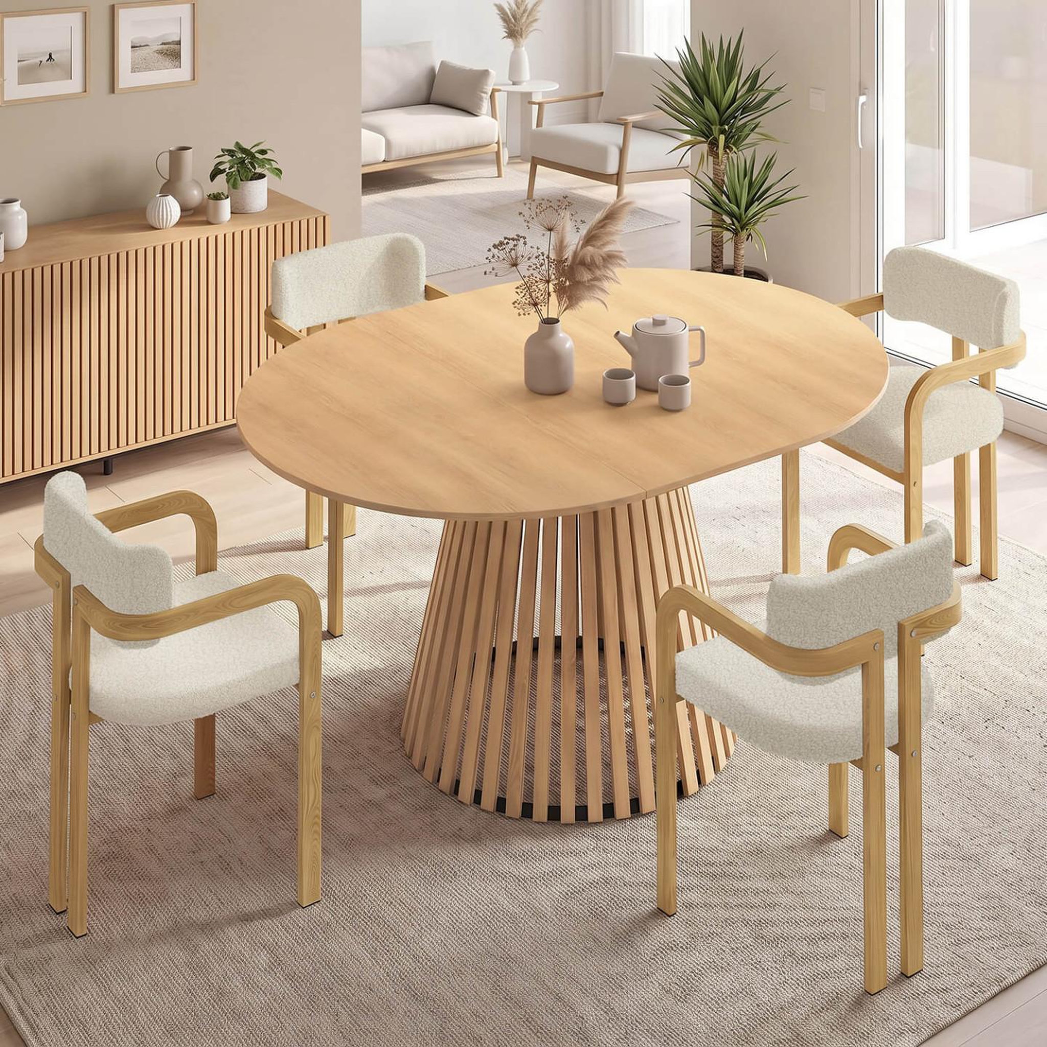 Voir la diapositive 2 : ID MARKET Ensemble table à manger extensible ronde carmen 4-8 personnes pied lattes 110 - 150 cm et 4 chaises esma effet bois et bouclette