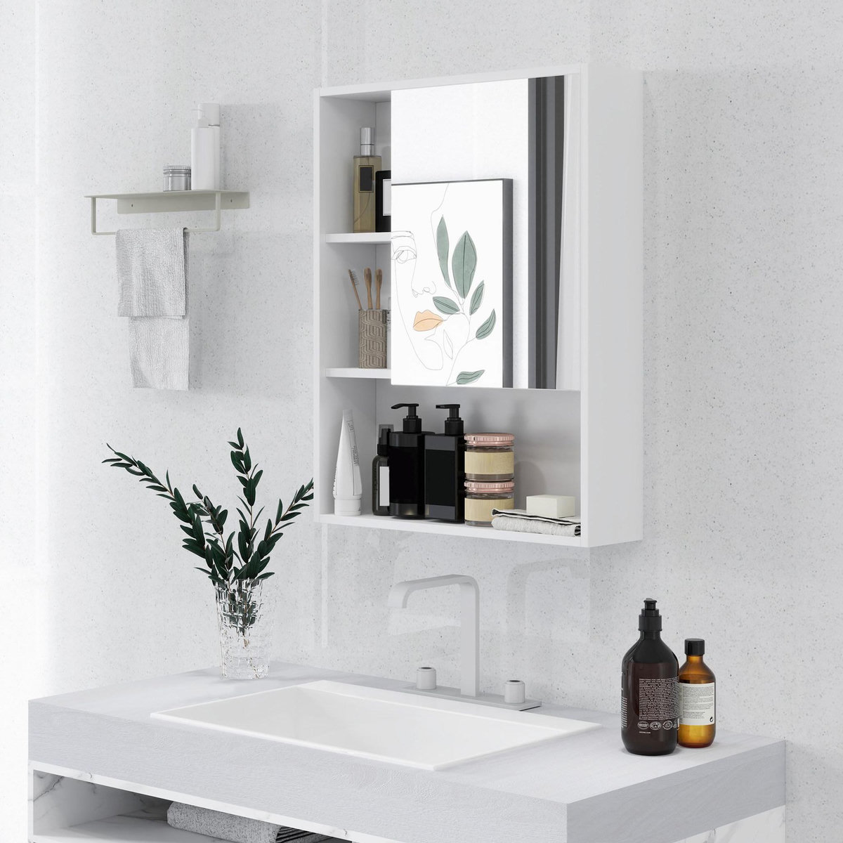 HOMCOM Armoire murale miroir salle de bain porte étagère 3 niches 60 x 15 x 76 cm
