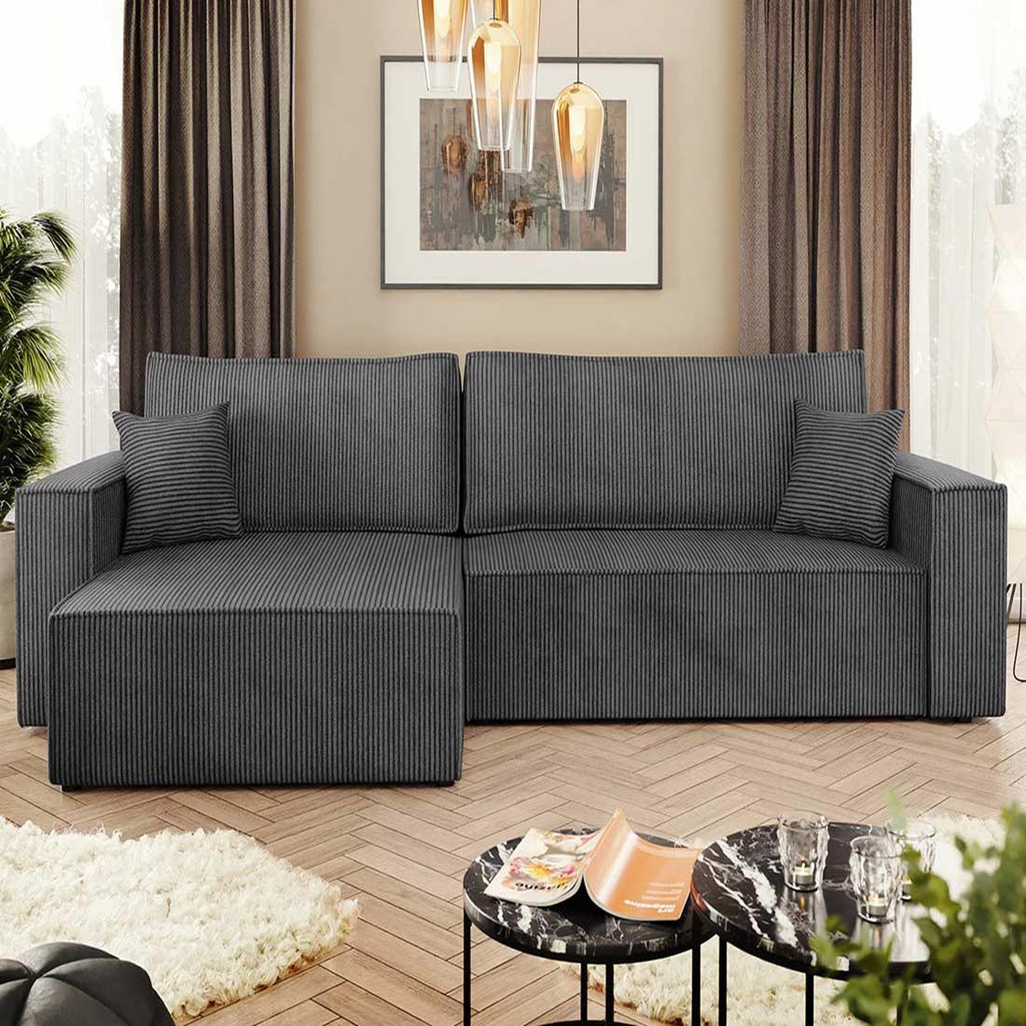 Voir la diapositive 3 : BEST MOBILIER Cezanne - canapé d'angle réversible 5 places convertible avec coffre en velours côtelé