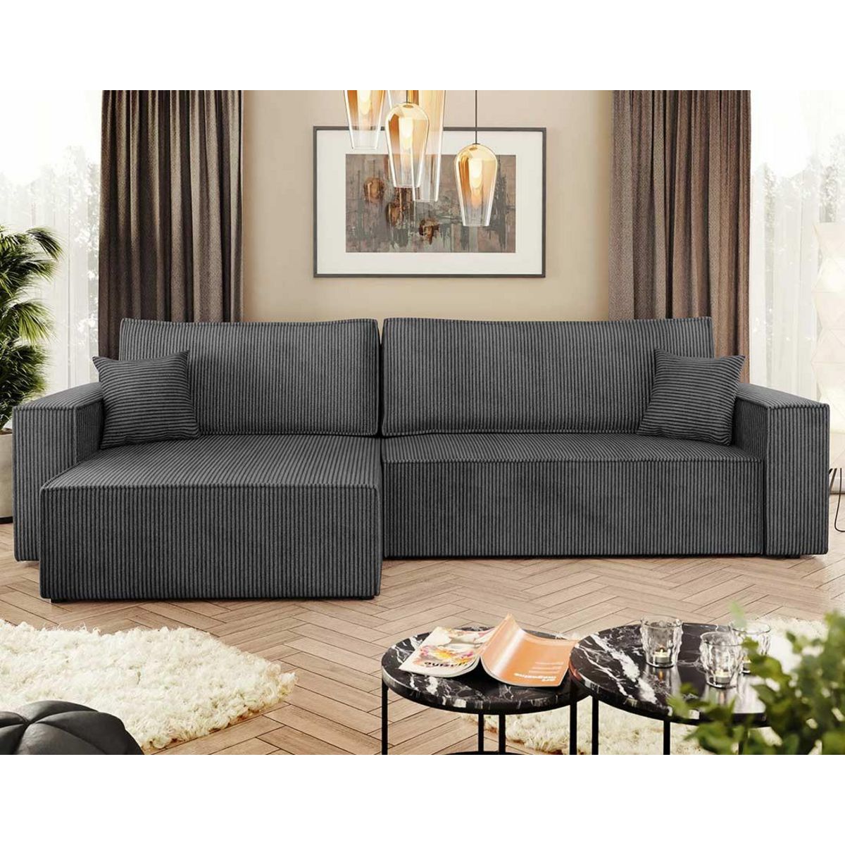 BEST MOBILIER Cezanne - canapé d'angle réversible 5 places convertible avec coffre en velours côtelé