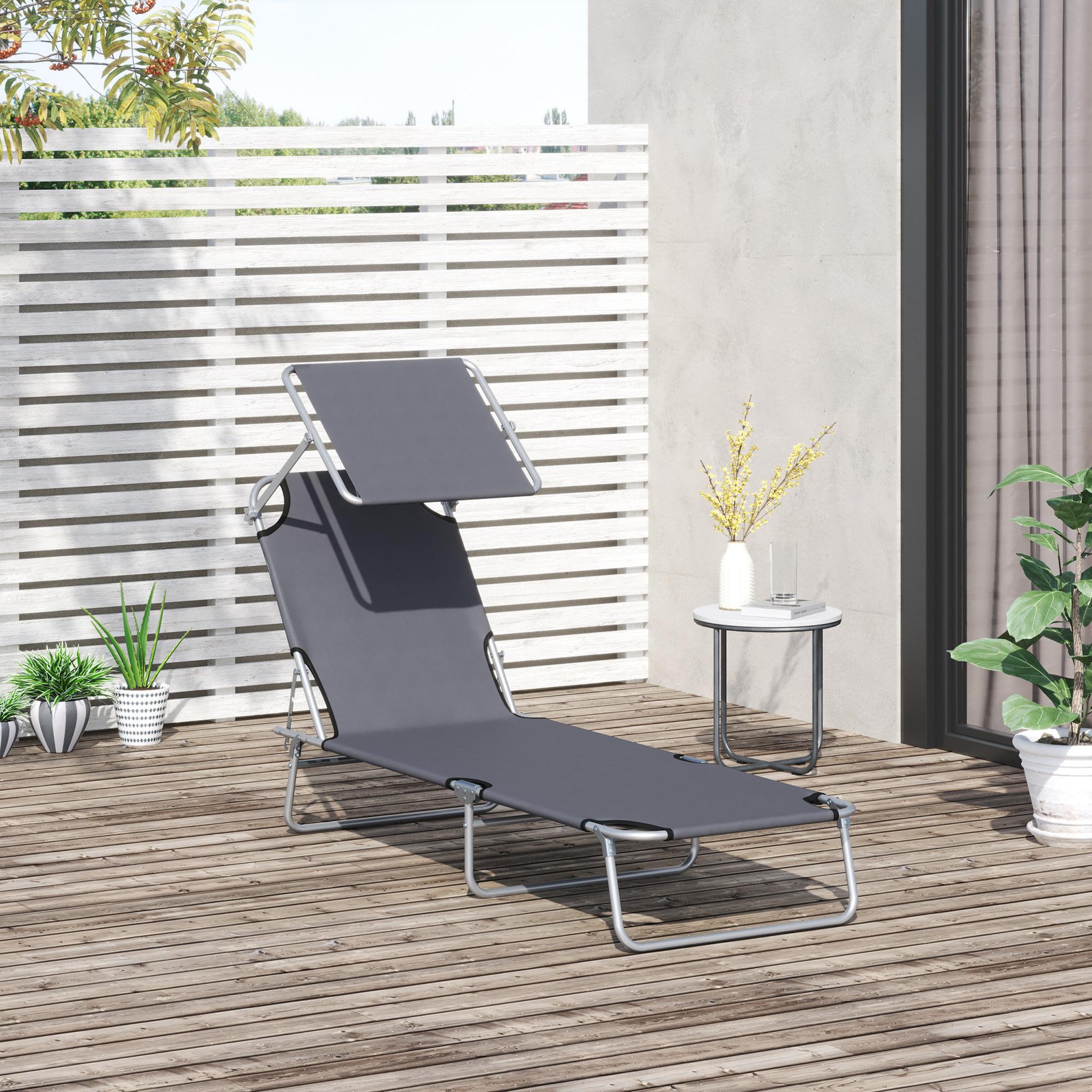 Voir la diapositive 2 : OUTSUNNY Transat bain de soleil pliable grand confort dossier et pare-soleil réglable multi-positions gris