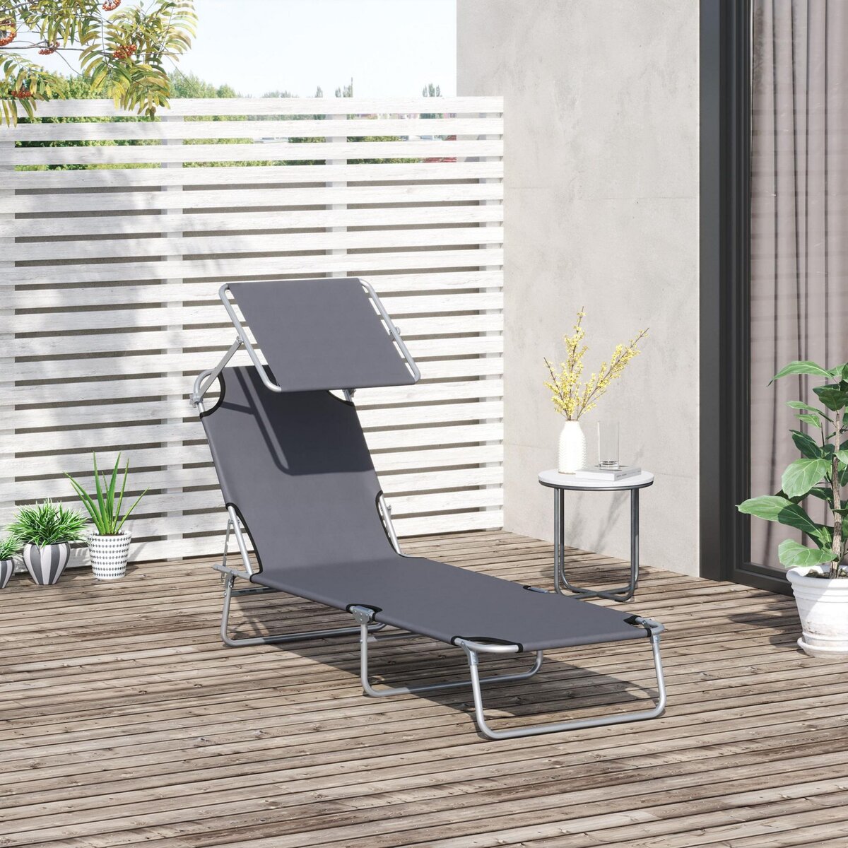OUTSUNNY Transat bain de soleil pliable grand confort dossier et pare-soleil réglable multi-positions gris