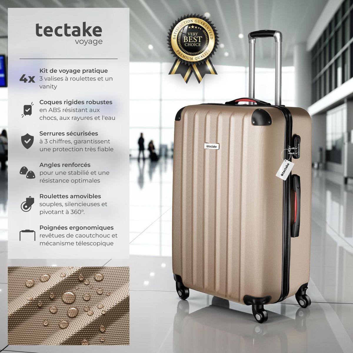 tectake Set de valises rigides 4 pièces, 3 Trolleys, 1 Vanity case, Balance et étiquette bagages inclus champagne