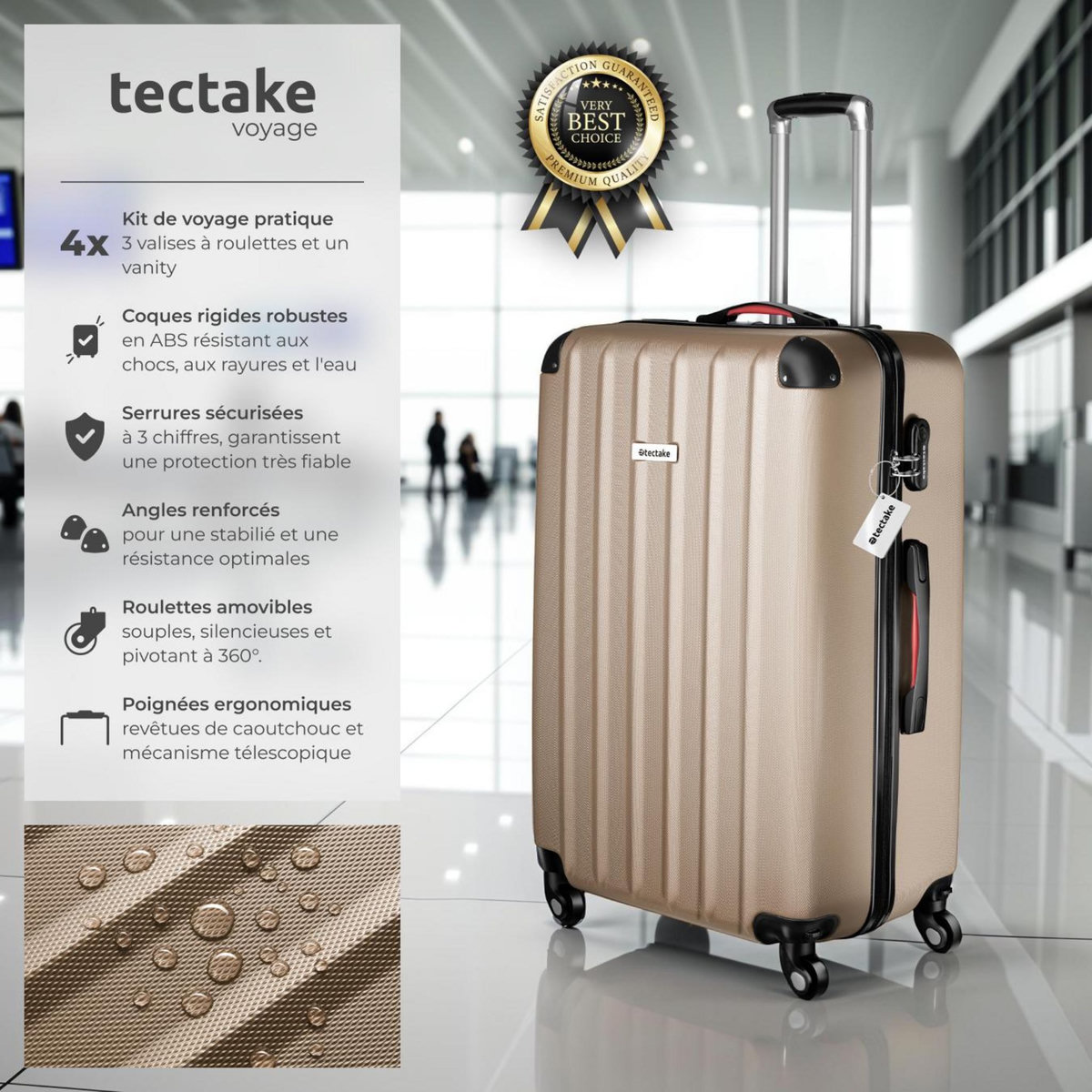 tectake Set de valises rigides 4 pièces, 3 Trolleys, 1 Vanity case, Balance et étiquette bagages inclus champagne
