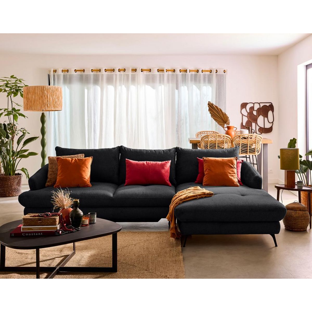 LISA DESIGN Ninon - canapé d'angle droit 4 places convertible avec coffre en tissu texturé