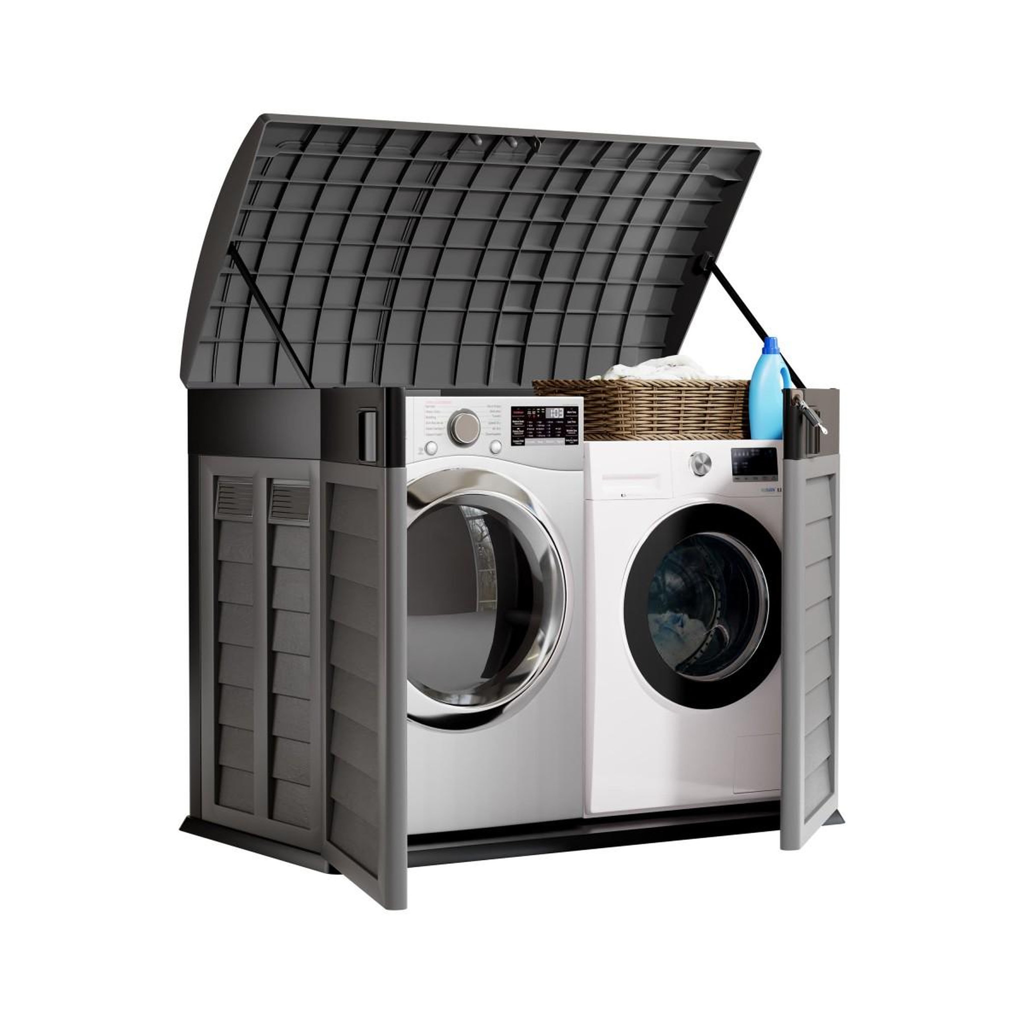 Voir la diapositive 3 : INTEC Coffre de jardin 2 portes + couvercle gris - tri sélectif extérieur 146 x 87 x h119 cm abri poubelle 1500l intec