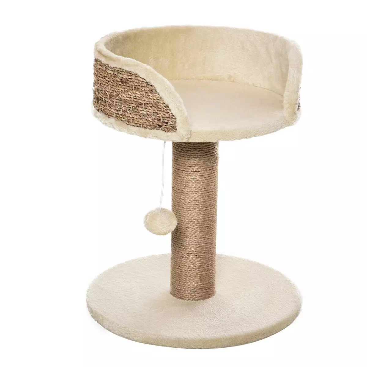 PAWHUT Arbre à chat griffoir 2 niveaux H. 49 cm - poteau sisal, plateforme observation, jeu de boule suspendue - jute polyester beige