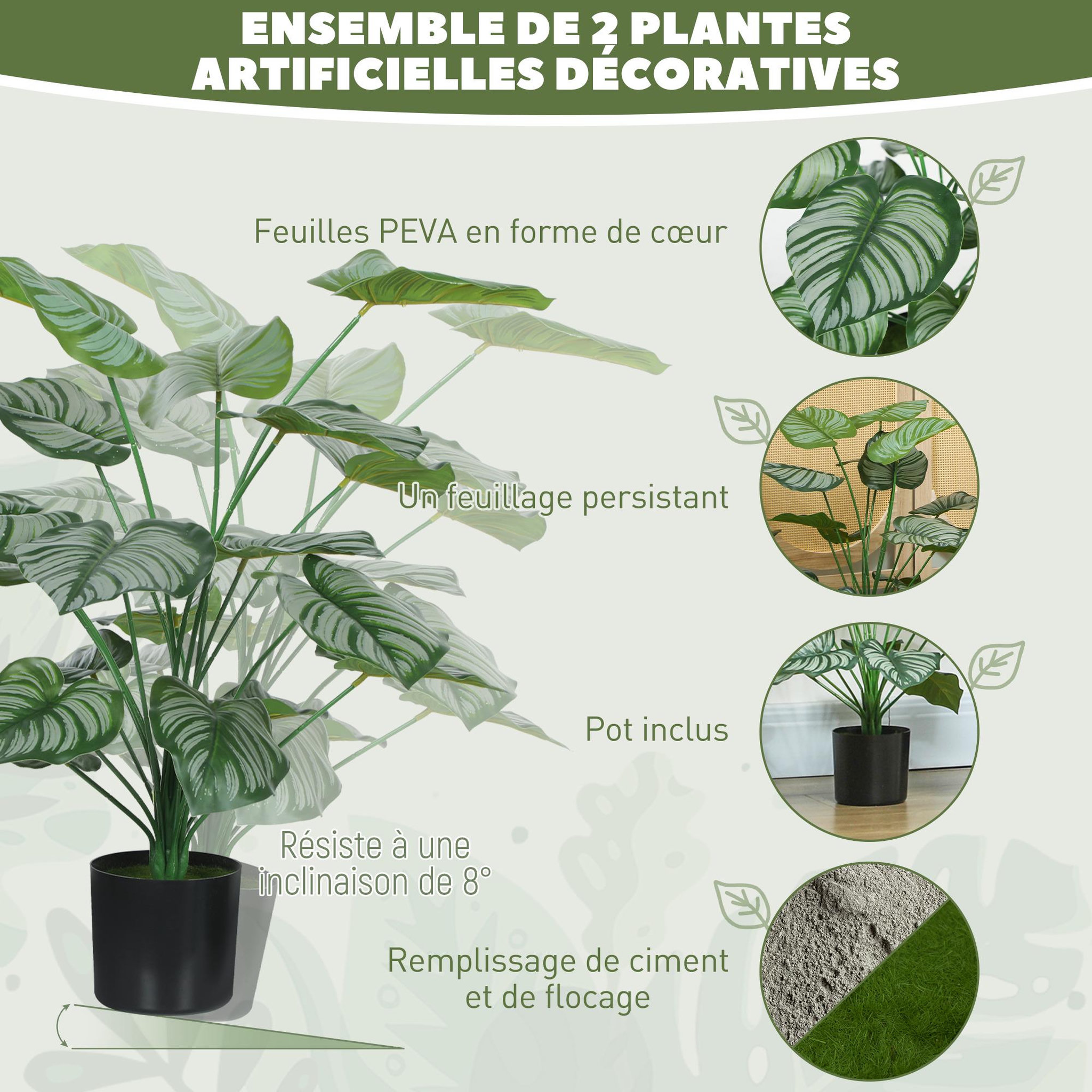 Voir la diapositive 5 : HOMCOM Lot de 2 plantes artificielles H.65cm 18 feuilles par plante pots inclus