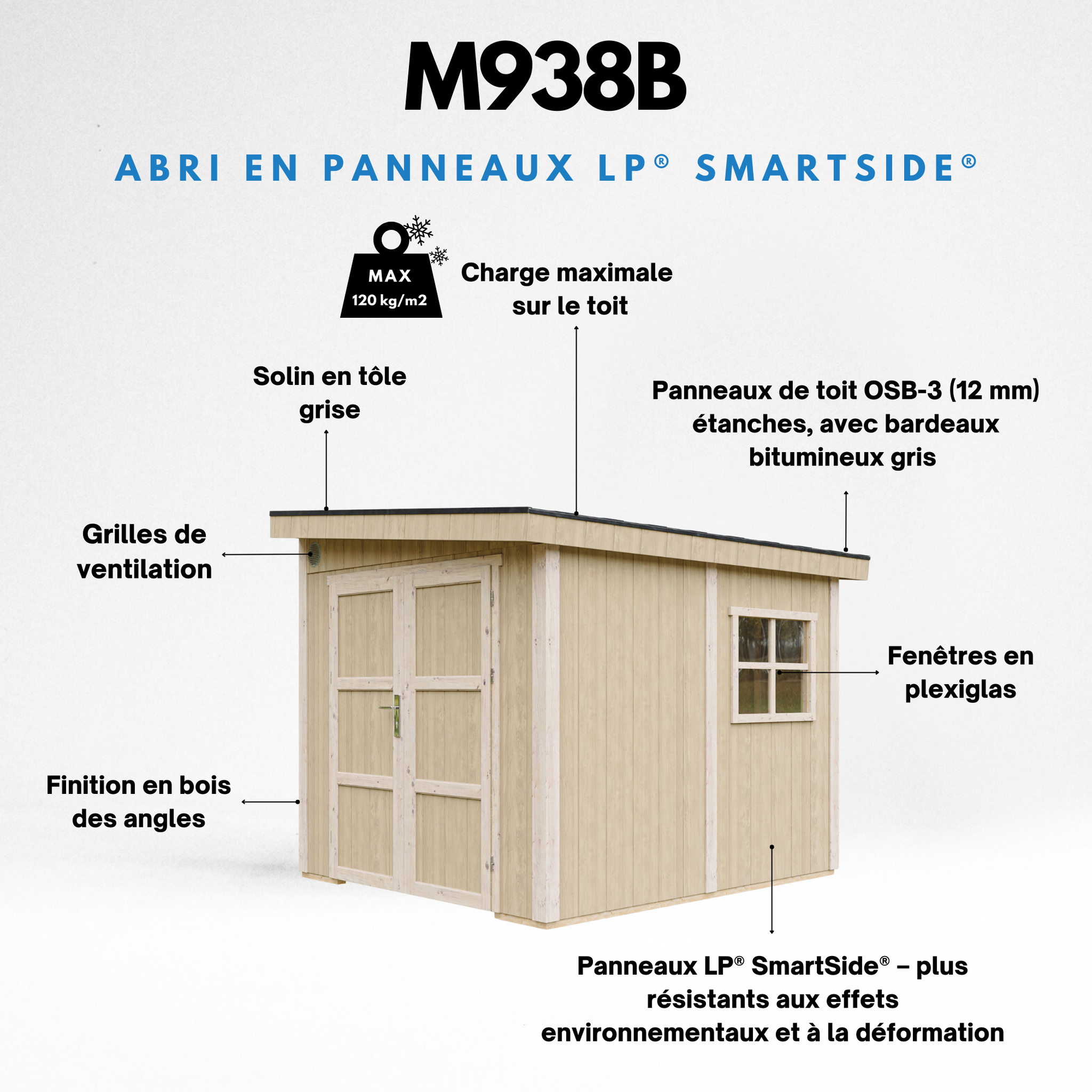 Voir la diapositive 5 : TIMBELA Abri de jardin qualité premium 5,9 m² 231x248x294 cm sans plancher et paroi latérale m938b