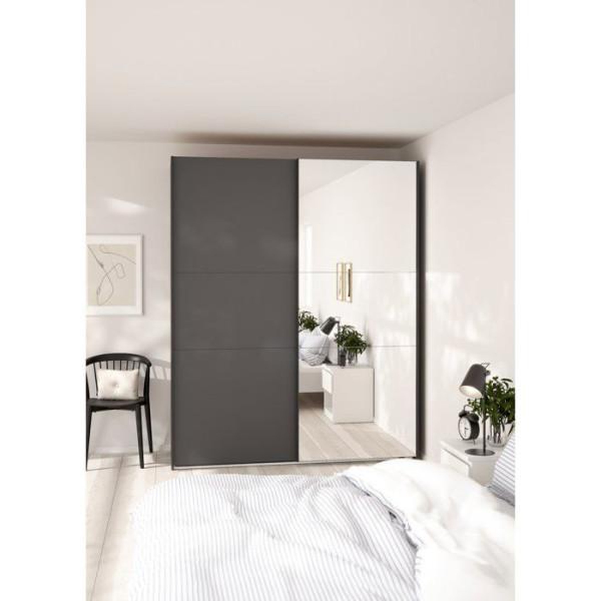 MARKET24 Armoire de chambre - como - gris mat - 2 portes coulissantes dont 1 avec miroir - 178,5 x 66,6 x 220,4 cm