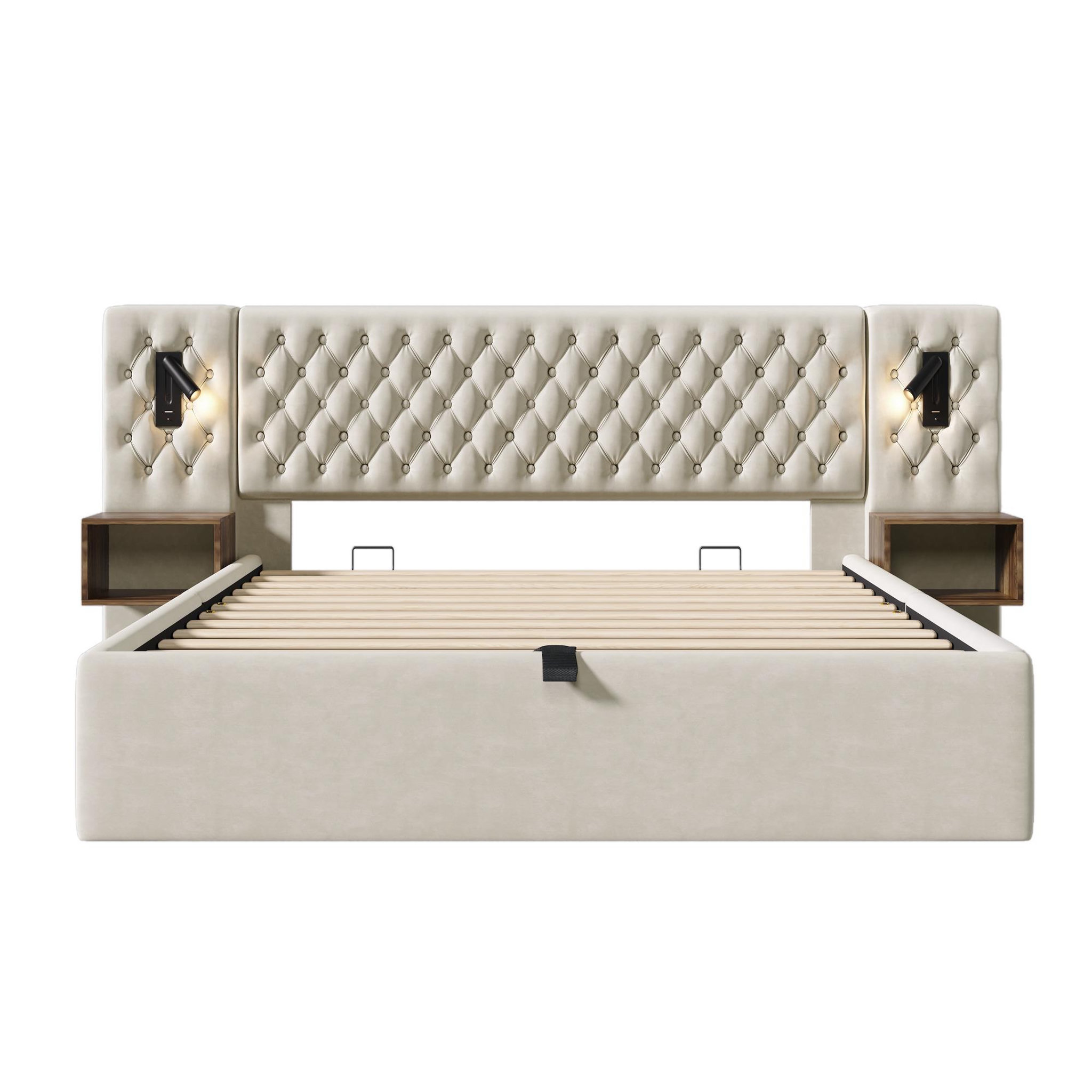 Voir la diapositive 5 : MERAX Lit coffre velours avec 2 chevets, liseuses led usb et tête de lit