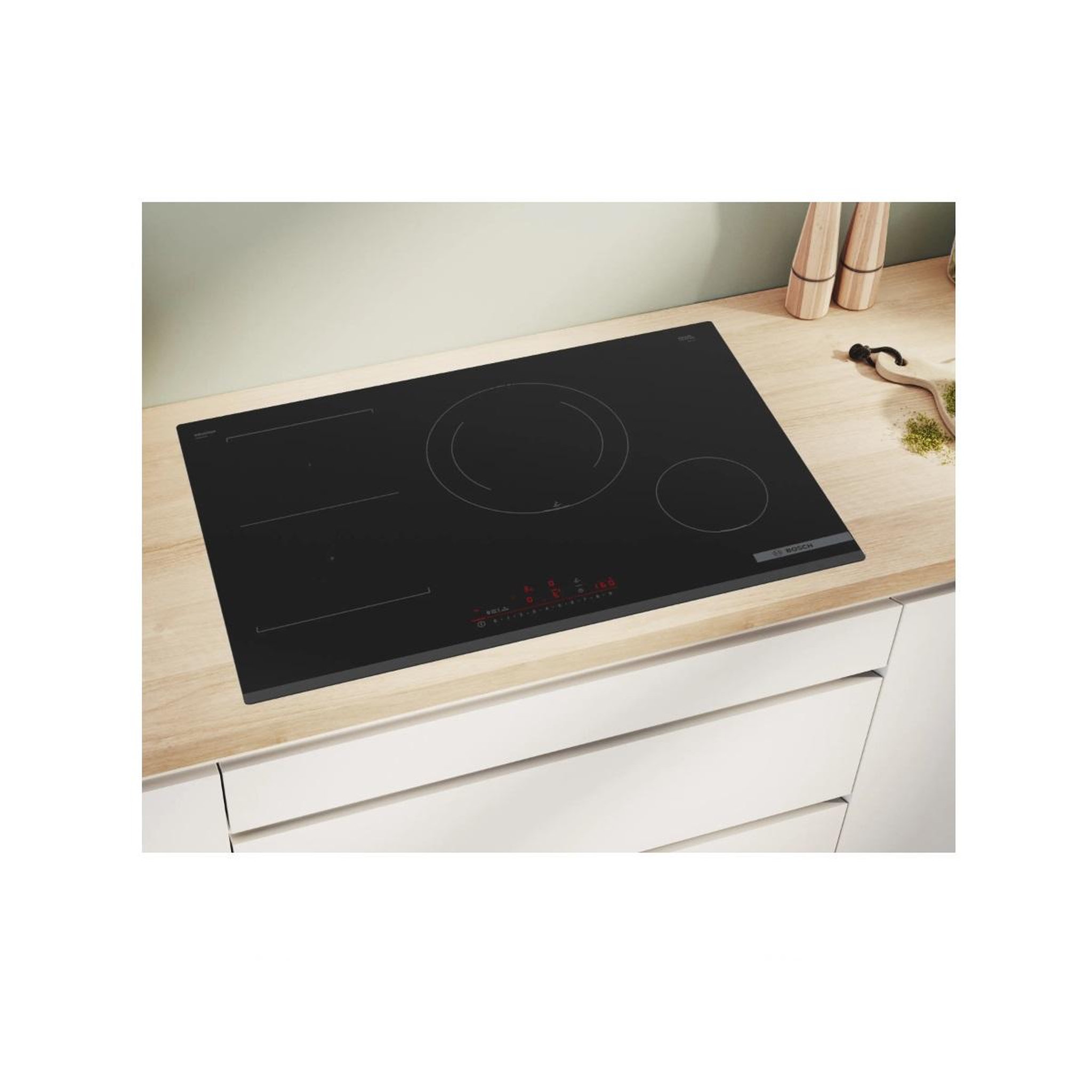 Voir la diapositive 3 : BOSCH Table de cuisson induction 80cm 4 feux 7400kw noir - pvs831hc1h
