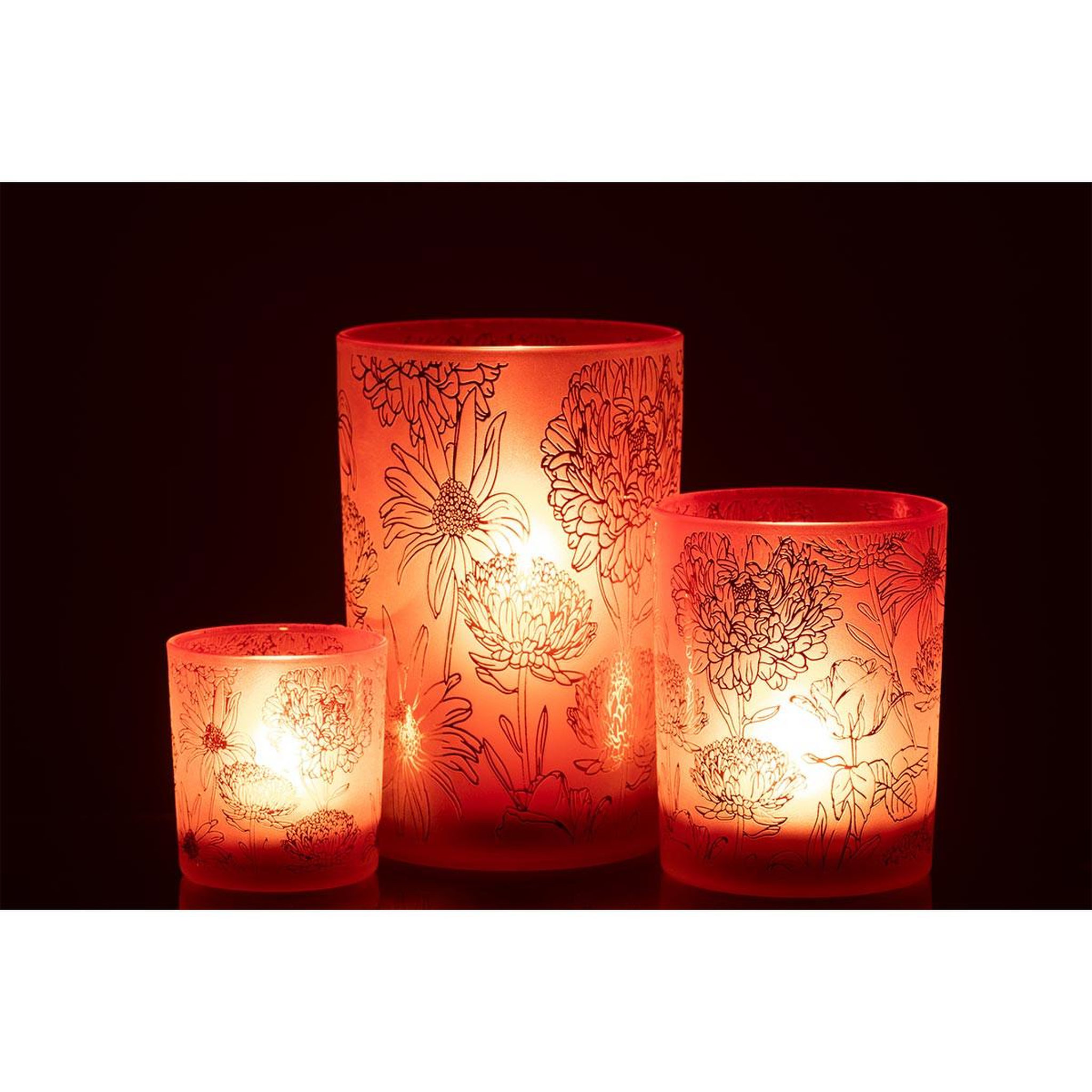 Voir la diapositive 6 : J-LINE Photophore Déco en Verre Mat  Fleurs  18cm Rouge