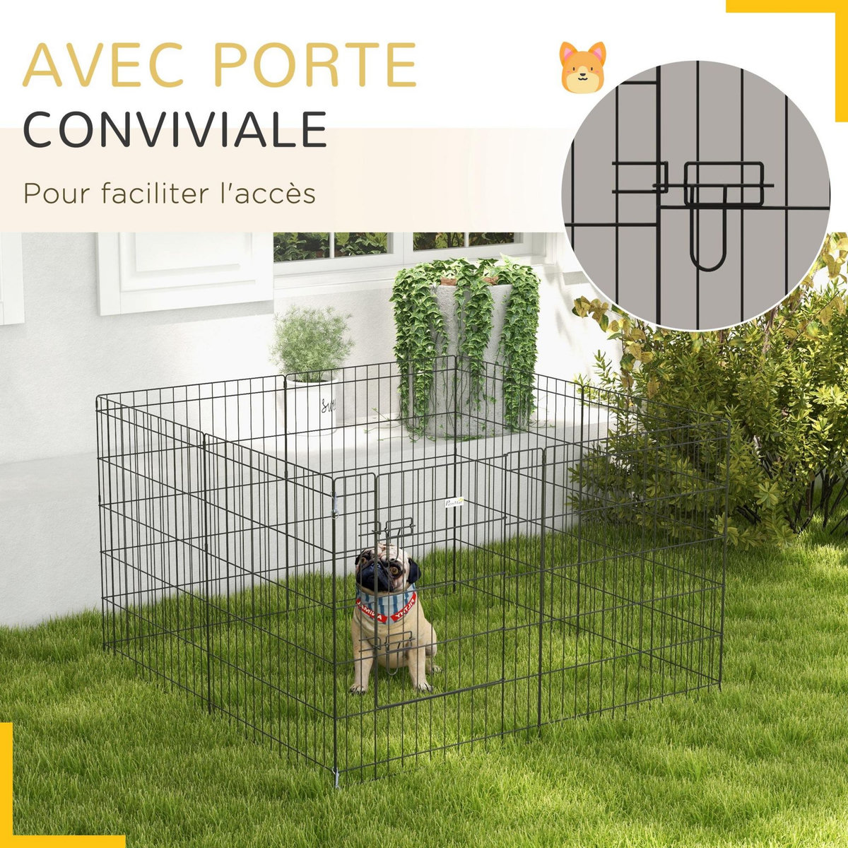 PAWHUT Parc enclos acier pour chien animaux 1 porte 8 panneaux 76L x 61l cm noir