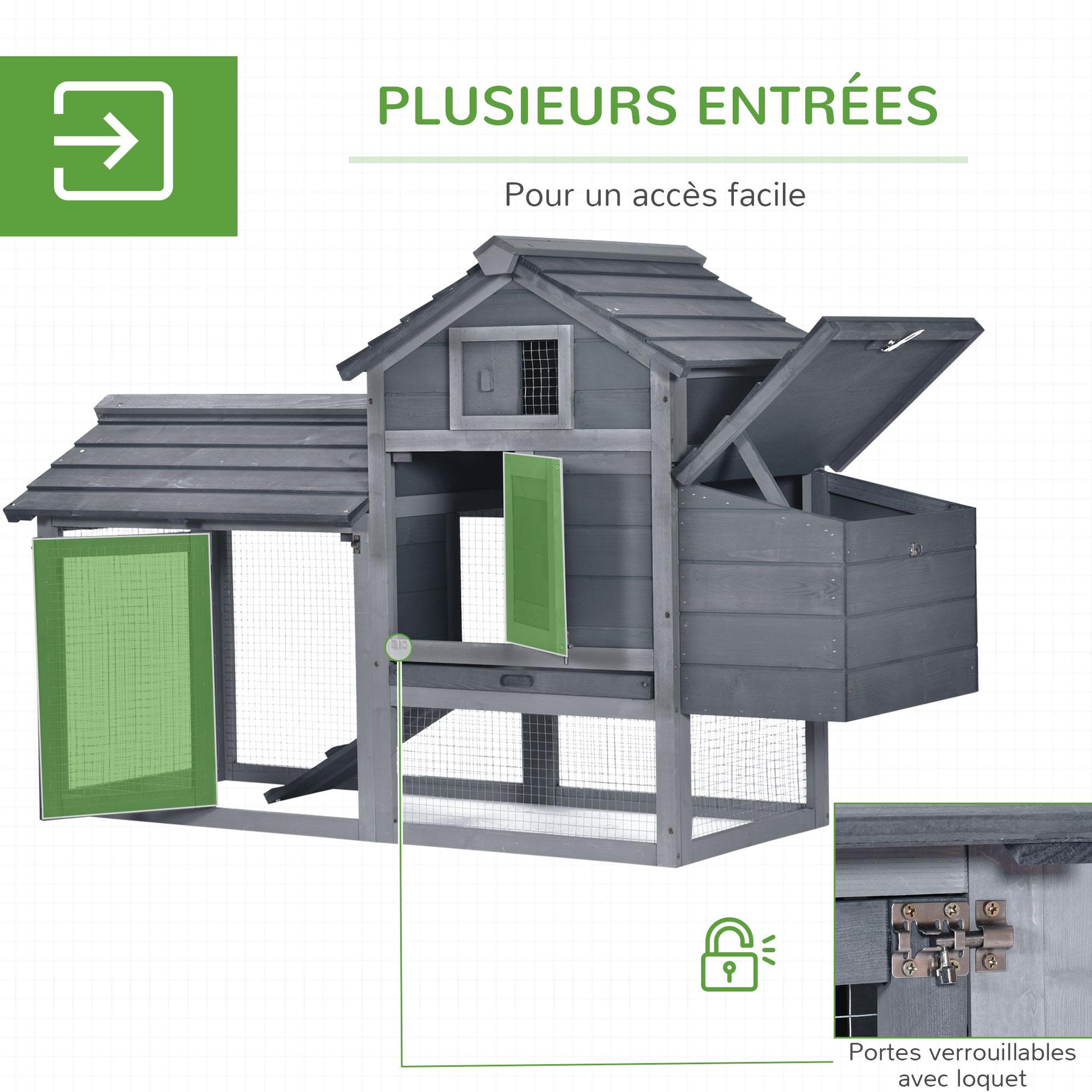 Voir la diapositive 5 : PAWHUT Poulailler cottage cage à poules sur pied dim. 151l x 54l x 87h cm multi-équipement bois pin gris