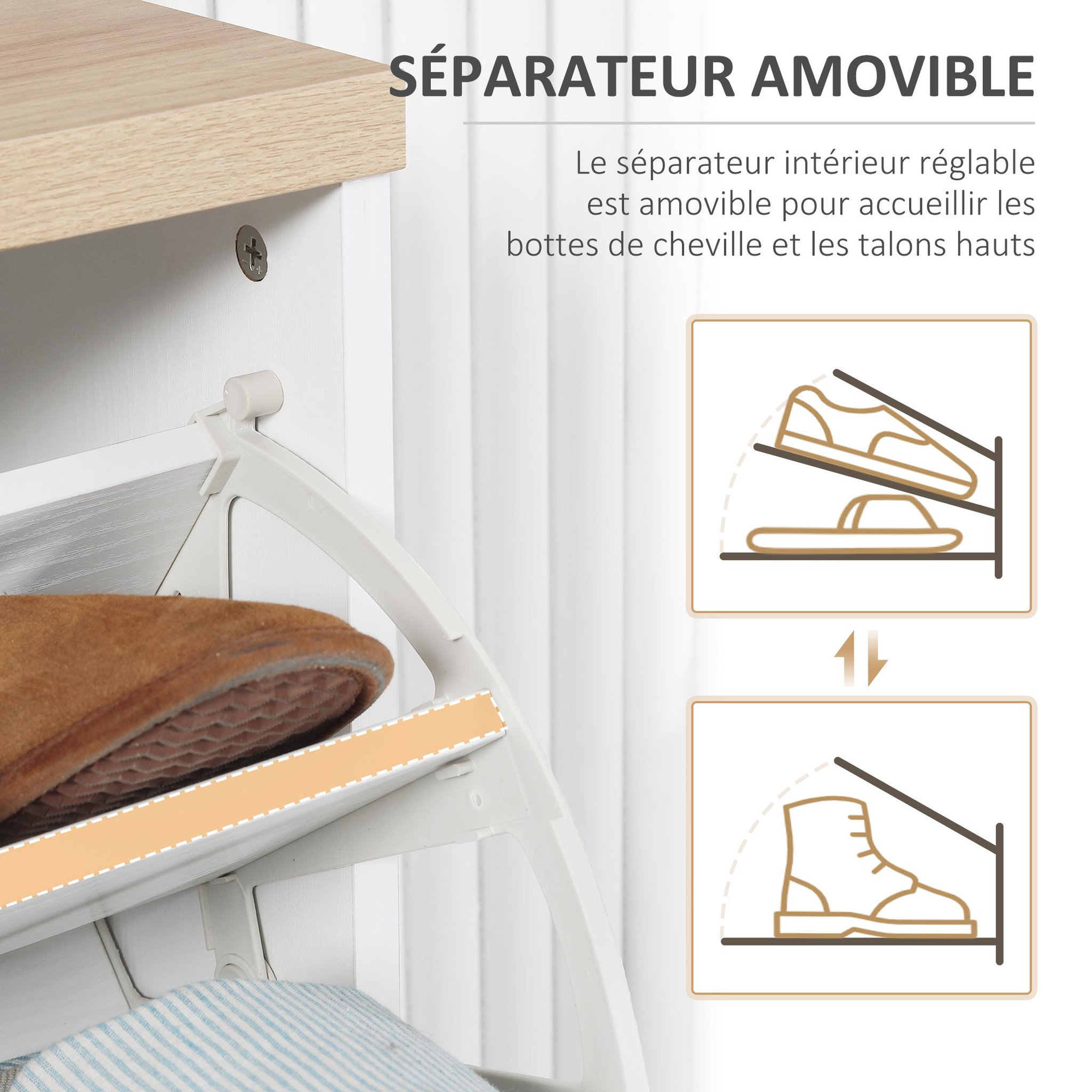Voir la diapositive 6 : HOMCOM Meuble à chaussures 3 portes abattantes 2 compartiments MDF blanc chêne clair