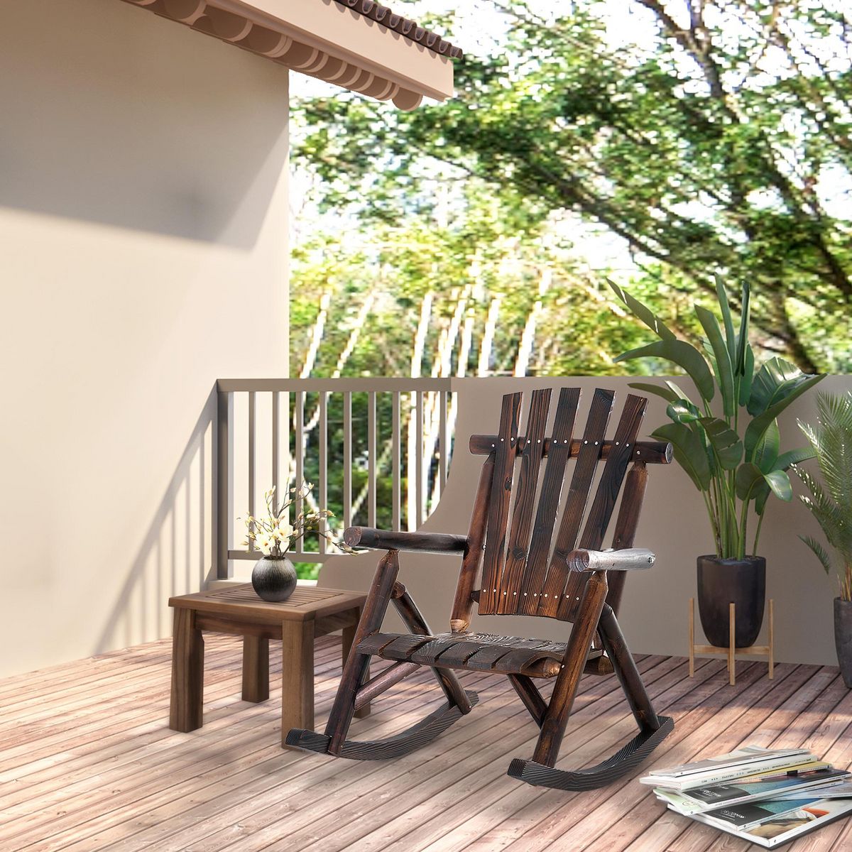 OUTSUNNY Fauteuil de jardin Adirondack à bascule rocking chair style rustique chic bois sapin traité carbonisation