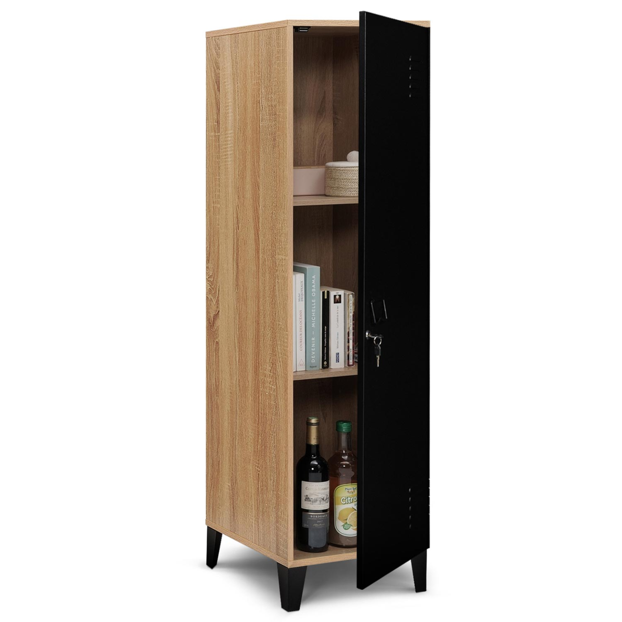 Voir la diapositive 4 : ID MARKET Armoire vestiaire ester 1 porte métal noir et contour bois design industriel
